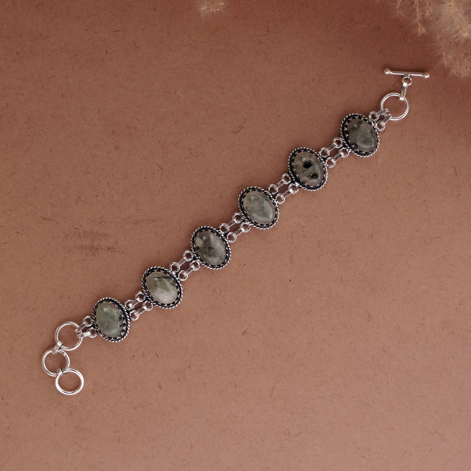 Natural Prehnite Sterling Silver Plated Handmade Bracelet: Product ID: 260502115256 Product - Handmade Silver Plated Bracelet Metal - 92.5 Sterling Silver Plated Bracelet Length - 6 Inch + 2 Inch Gemstone - Prehnite Gemstone Size -12X16 ( 6 Stone) Gemstone Or
