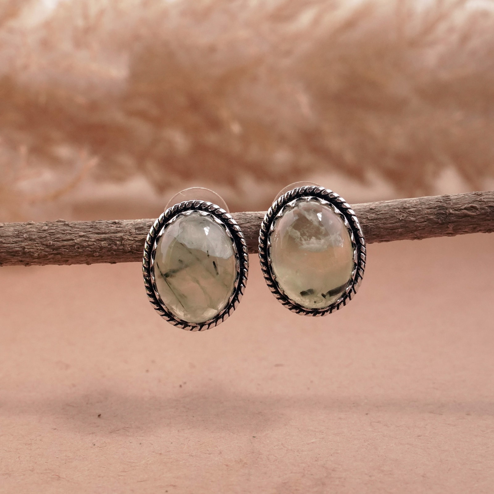 Natural Prehnite Silver Plated Handmade Stud Earring: Product ID: 260501130631 Product - Handmade Silver Plated Stud Earring Metal - 92.5 Sterling Silver Plated Earring Type - Stud Gemstone - Prehnite Gemstone Origin - South Africa Gemstone Size - 12X16 