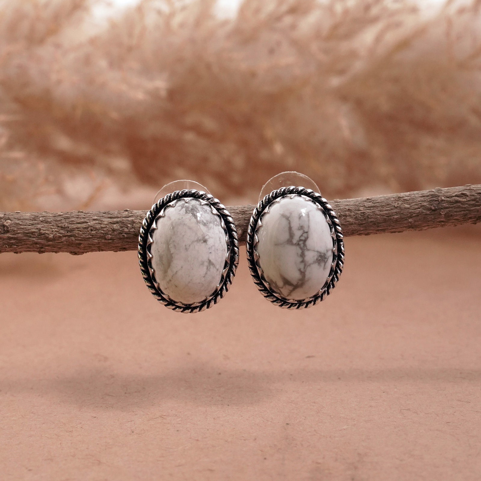 Natural Howlite Silver Plated Handmade Stud Earring: Product ID: 260501130513 Product - Handmade Silver Plated Stud Earring Metal - 92.5 Sterling Silver Plated Earring Type - Stud Gemstone - Howlite Gemstone Origin - Canada Gemstone Size - 12X16 MM ( 2 