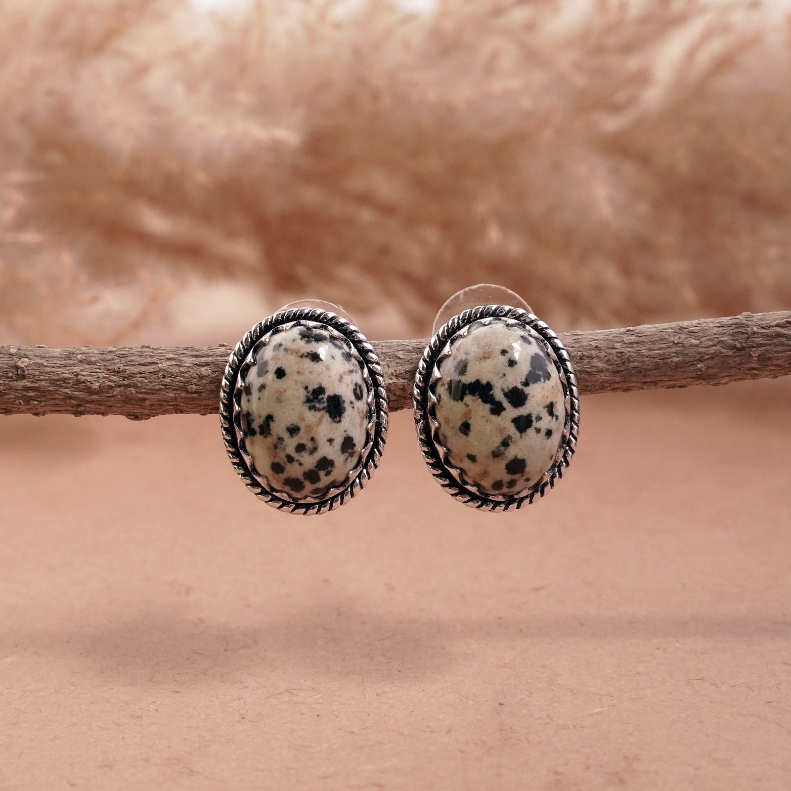 Natural Dalmatian Silver Plated Handmade Stud Earring: Product ID: 260501130401 Product - Handmade Silver Plated Stud Earring Metal - 92.5 Sterling Silver Plated Earring Type - Stud Gemstone - Dalmatian Gemstone Origin - Mexico Gemstone Size - 12X16 MM ( 