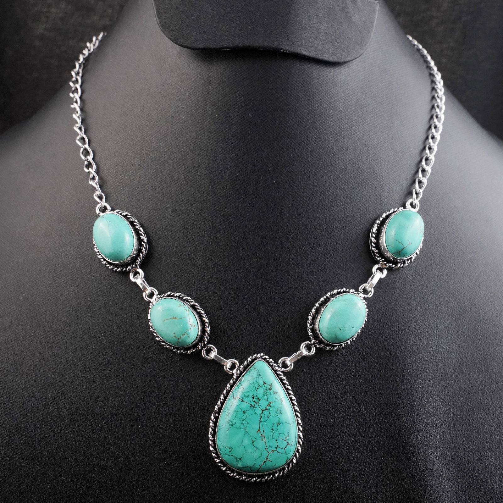 Natural Turquoise Silver Plated Handmade Choker Necklace: Product ID: 260430173407 Product - Handmade Silver Plated Necklace Metal - 92.5 Sterling Silver Plated Necklace Length - 18 Inch Gemstone - Turquoise Gemstone Size - 12X16 MM (4 Stone), 3X2.5 CM (1 St