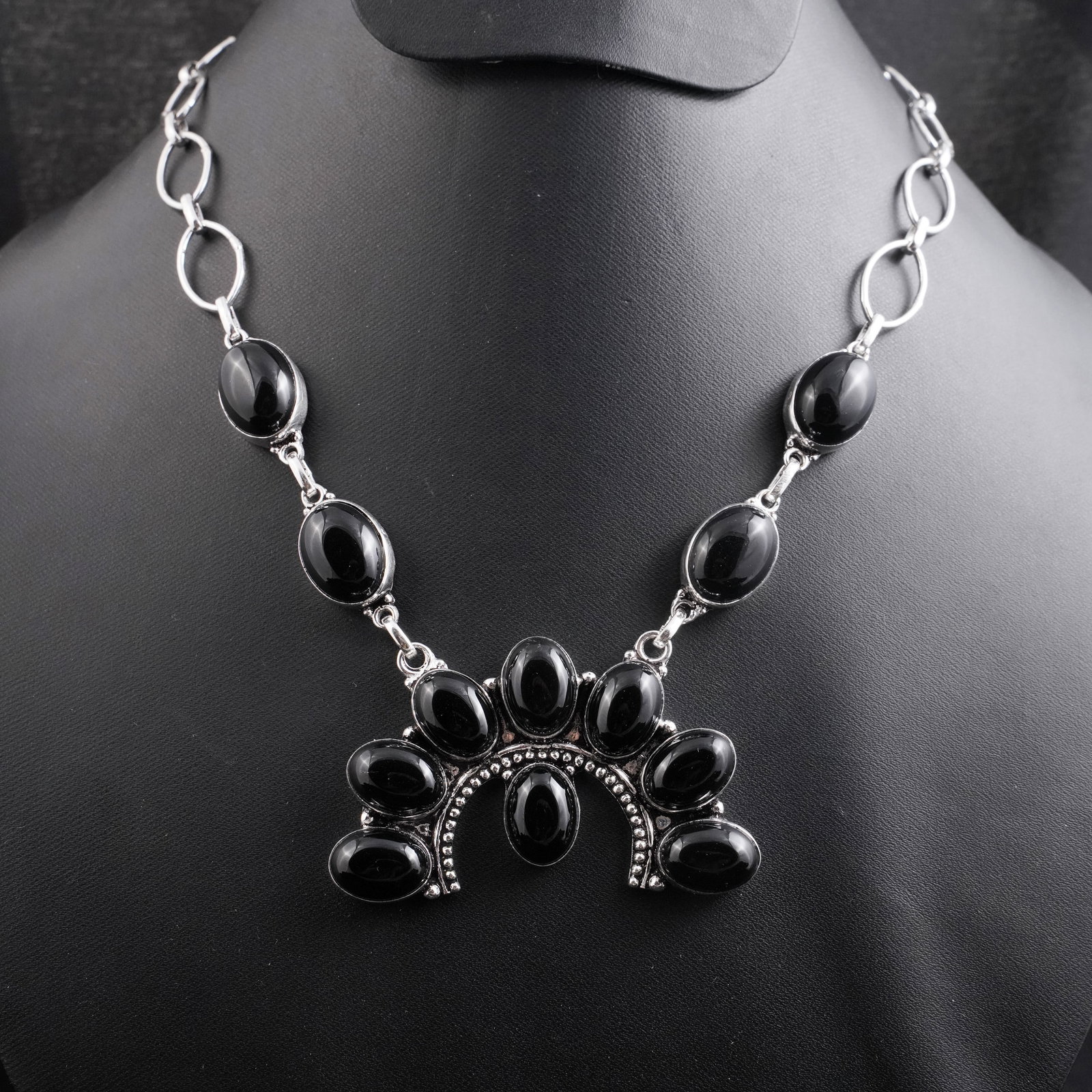 Natural Black Onyx Silver Plated Handmade Choker Necklace: Product ID: 260430143805 Product - Handmade Silver Plated Necklace Metal - 92.5 Sterling Silver Plated Necklace Length - 18 Inch Gemstone - Black Onyx Gemstone Size - 10X14 MM ( 8 Stone) 12 X16 ( 4 St