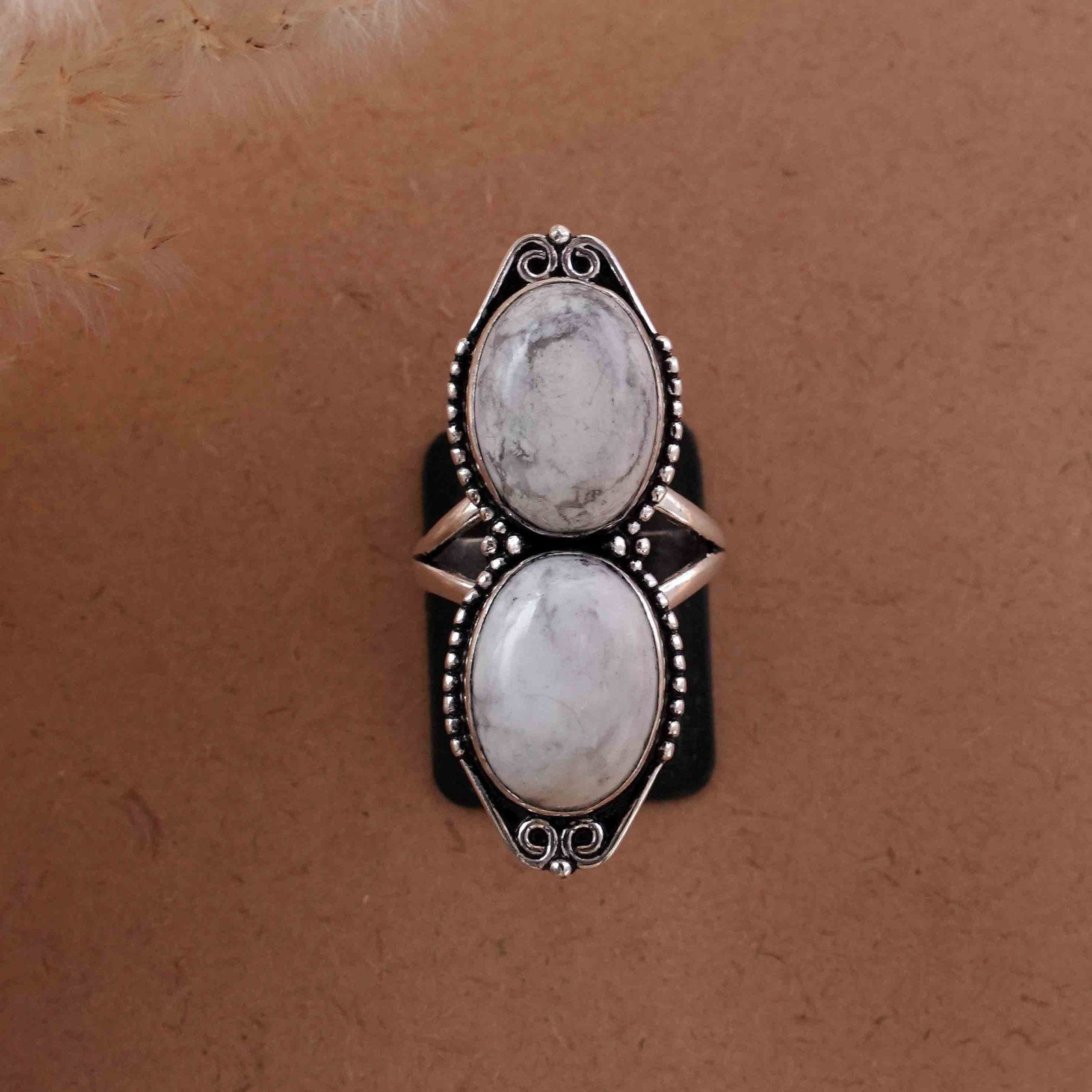 Natural Howlite Silver Plated Handmade Ring - 8MM: Product ID: 260429200813 Product - Handmade Silver Plated Ring Metal - 92.5 Sterling Silver Plated Ring Size - 8MM Gemstone - Howlite Gemstone Origin - Canada Gemstone Size - 12X16 MM ( 2 Stone ) Gems