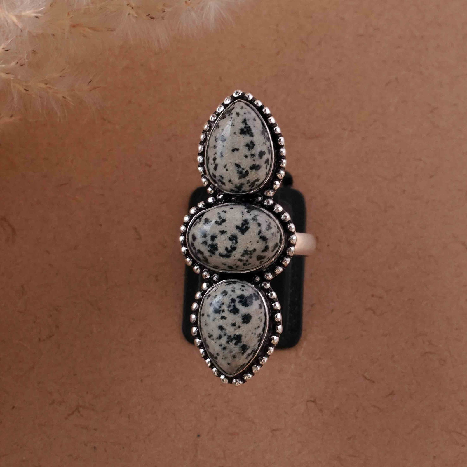 Natural Dalmatian Jasper Silver Plated Handmade Ring - 9MM: Product ID: 260429200539 Product - Handmade Silver Plated Ring Metal - 92.5 Sterling Silver Plated Ring Size - 9MM Gemstone - Dalmatian Gemstone Origin - Mexico Gemstone Size - 10X14 MM ( 3 Stone ) Ge