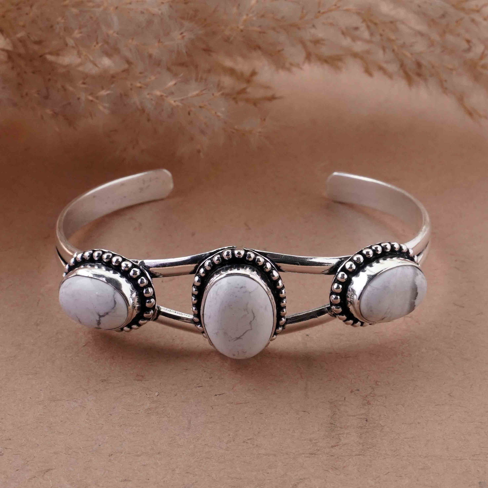 Natural Howlite Silver Plated Handmade Cuff Bangle: Product ID: 260429152631 Product - Handmade Silver Plated Cuff Bangle Metal - 92.5 Sterling Silver Plated Bangle Size - 6.5x4.5 CM (Adjustable) Gemstone - Howlite Gemstone Origin - Canada Gemstone Siz