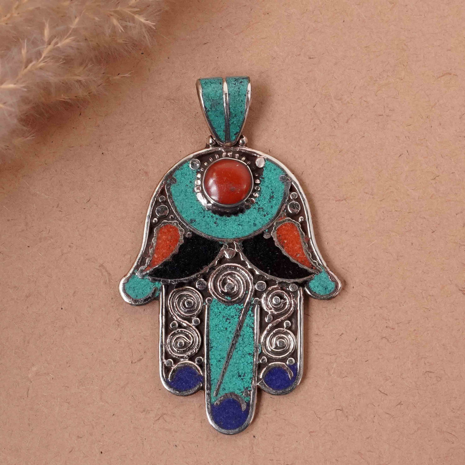 Tibetan Turquoise & Coral Handmade Fatima Hand Pendant: Product ID: 260417144945 Product - Tibetan Natural Handmade Pendant Gemstone - Natural Turquoise & Coral & Black Onyx & Lapis Pendant Size - 6.5X4.5 CM Pendant Weight - 24 Gram Metal - Brass & Copper 
