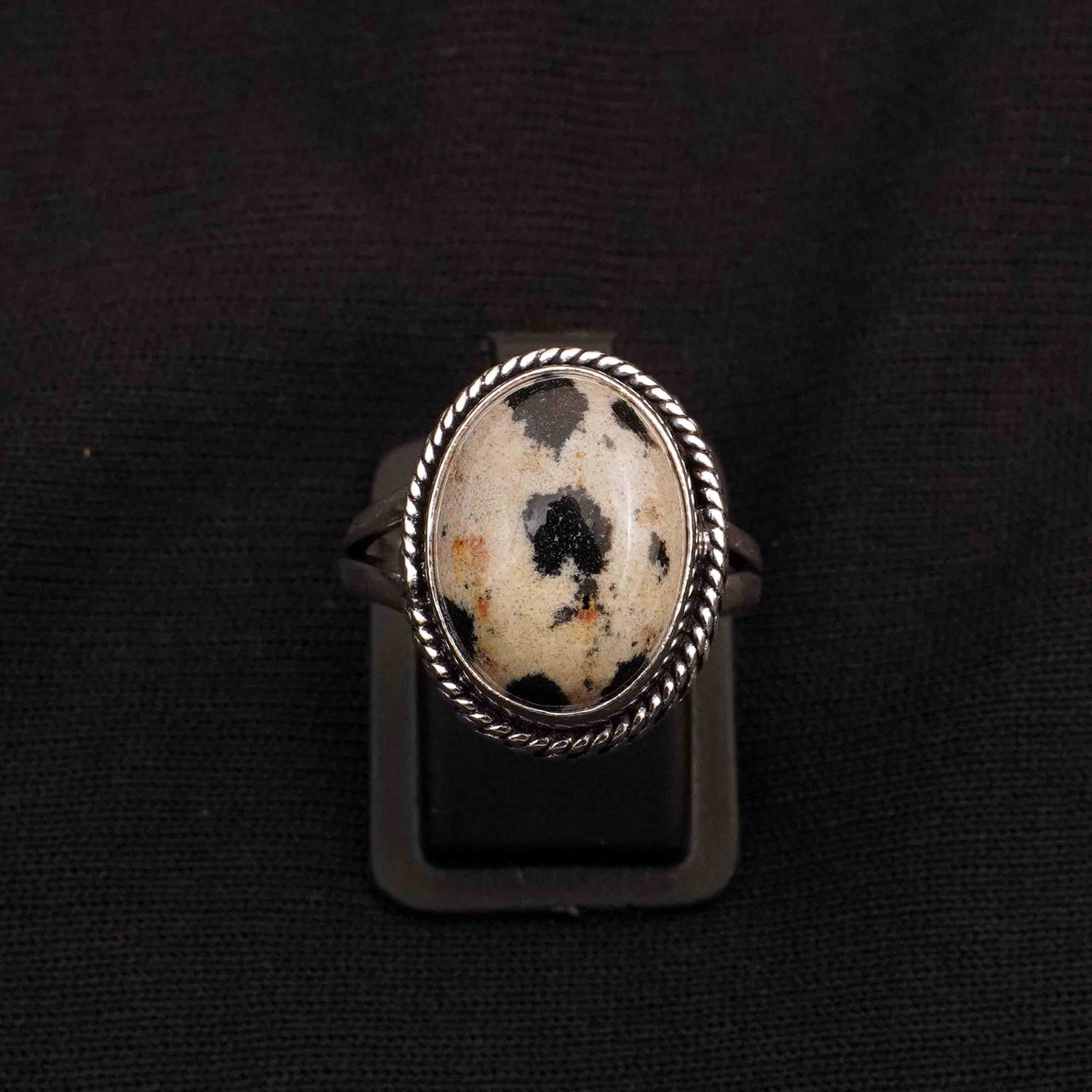 Natural Dalmatian Jasper Silver Plated Handmade Ring - 8MM: Product ID: 260413124409 Product - Handmade Silver Plated Ring Metal - 92.5 Sterling Silver Plated Ring Size - 8MM Gemstone - Dalmatian Gemstone Origin - Mexico Gemstone Size - 12X16 MM Gemstone Shape