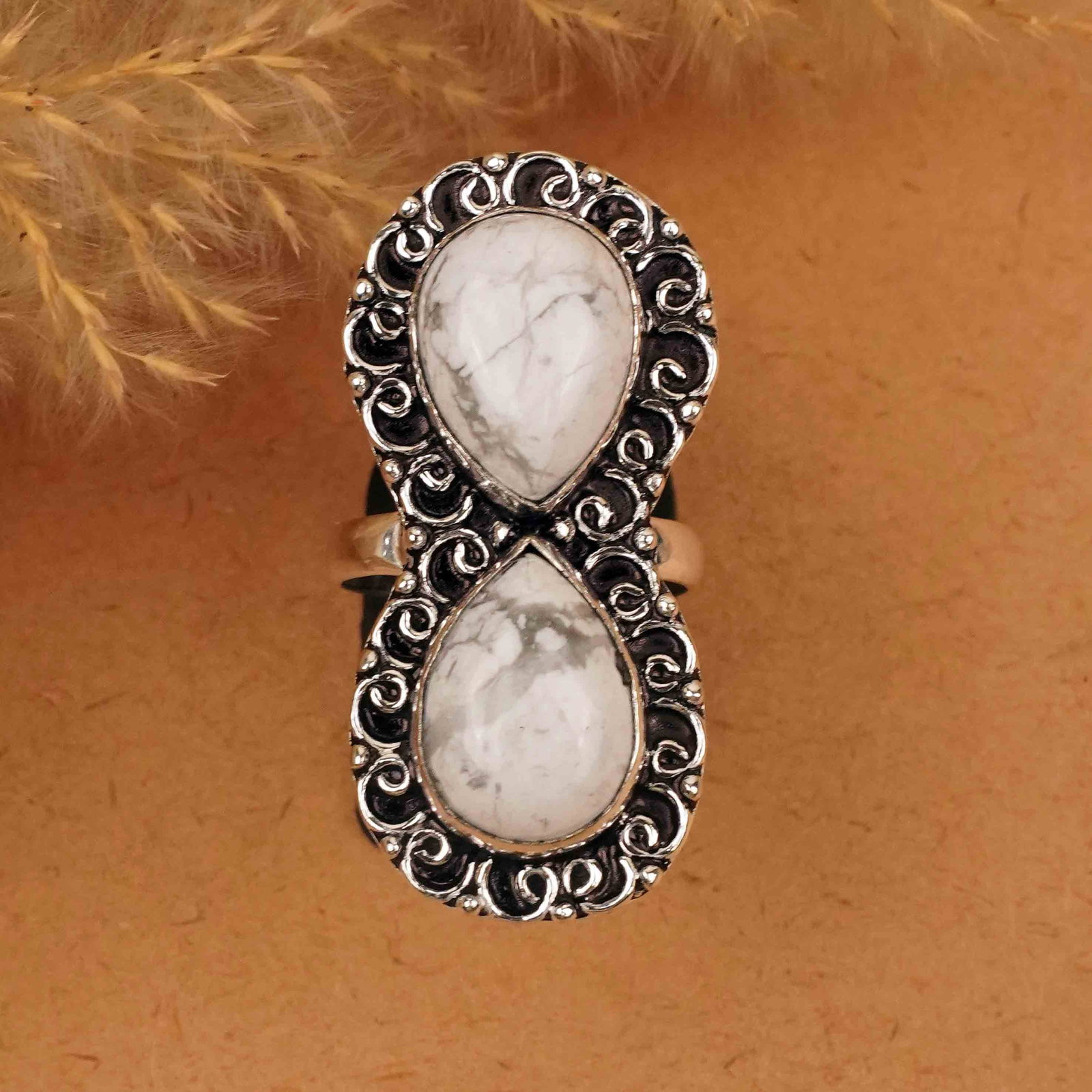 Natural Howlite Silver Plated Handmade Ring - 9.5MM: Product ID: 260412143258 Product - Handmade Silver Plated Ring Metal - 92.5 Sterling Silver Plated Ring Size - 9.5MM Gemstone - Howlite Gemstone Origin - Canada Gemstone Size - 12X16 MM ( 2 Stone ) Ge