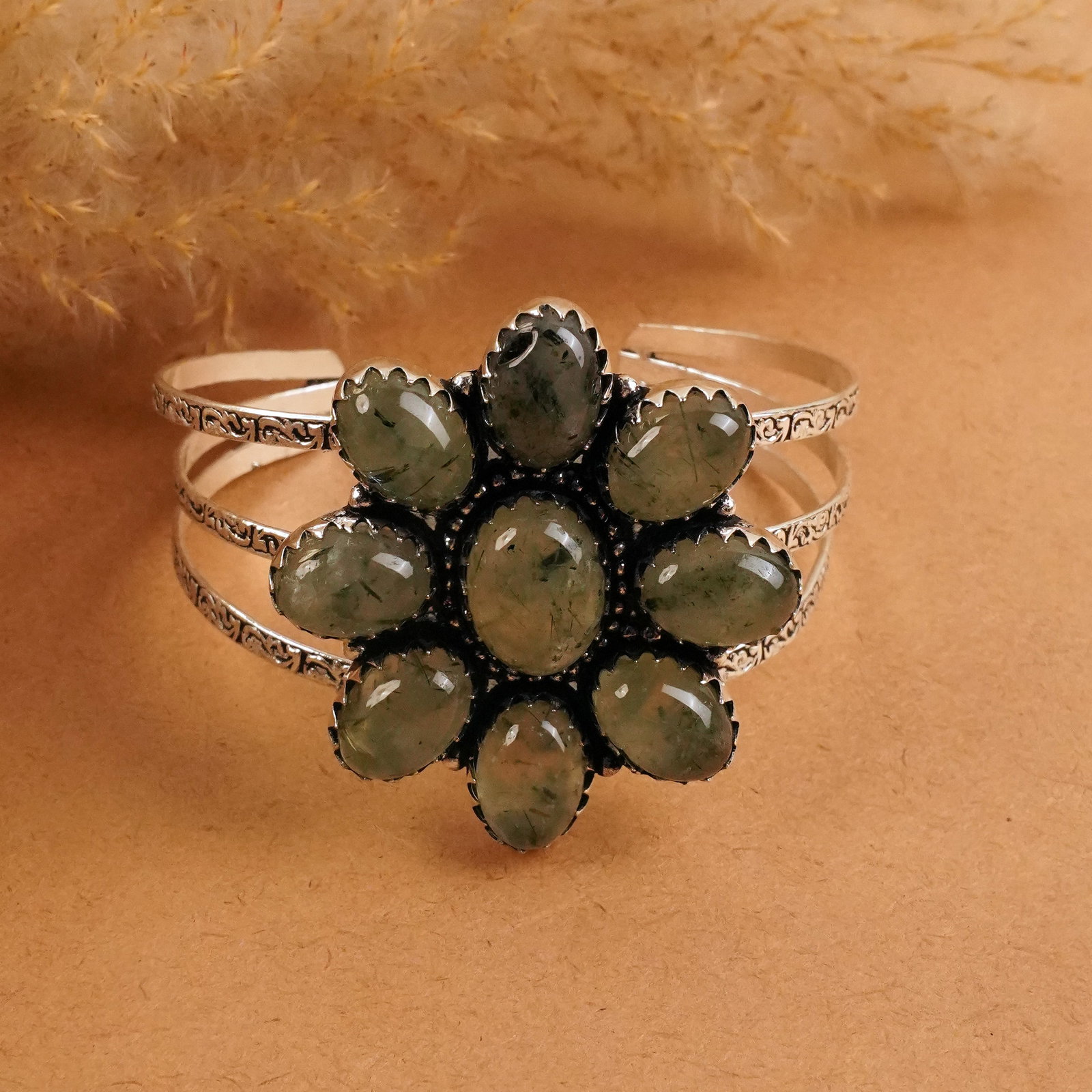 Natural Prehnite Silver Plated Handmade Cuff Bangle: Product ID: 260411163709 Product - Handmade Silver Plated Cuff Bangle Metal - 92.5 Sterling Silver Plated Bangle Size - 7x5.5 CM (Adjustable) Gemstone - Prehnite Gemstone Origin - South Africa Gemston