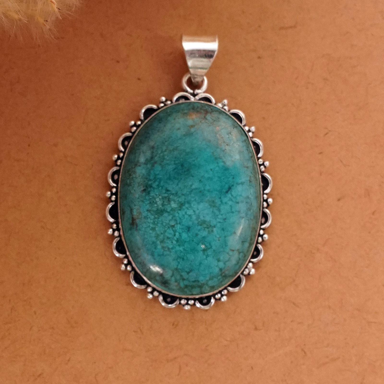 Natural Turquoise Sterling Silver Plated Handmade Pendant: Product ID: 260411122950 Product - Handmade Silver Plated Pendant Metal - 92.5 Sterling Silver Plated Pendant Size - 4.5x3.5 CM Gemstone - Turquoise Gemstone Origin - Tibet Gemstone Shape - Oval Penda