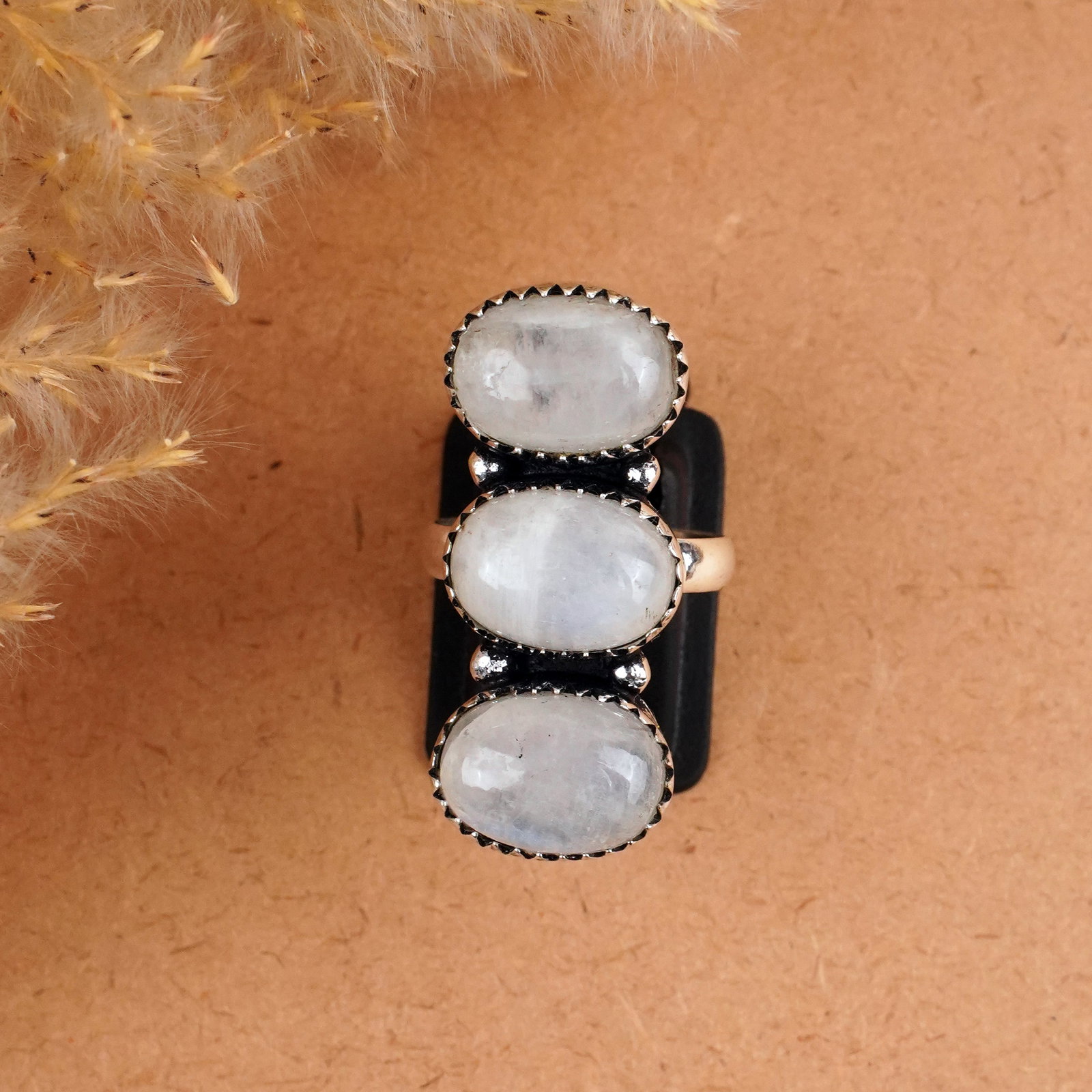 Natural Rainbow Moonstone Silver Plated Handmade Ring - 7MM: Product ID: 260409151611 Product - Handmade Silver Plated Ring Metal - 92.5 Sterling Silver Plated Ring Size -7MM Gemstone - Rainbow Moonstone Gemstone Origin - India Gemstone Size - 10X14 MM ( 3 Ston