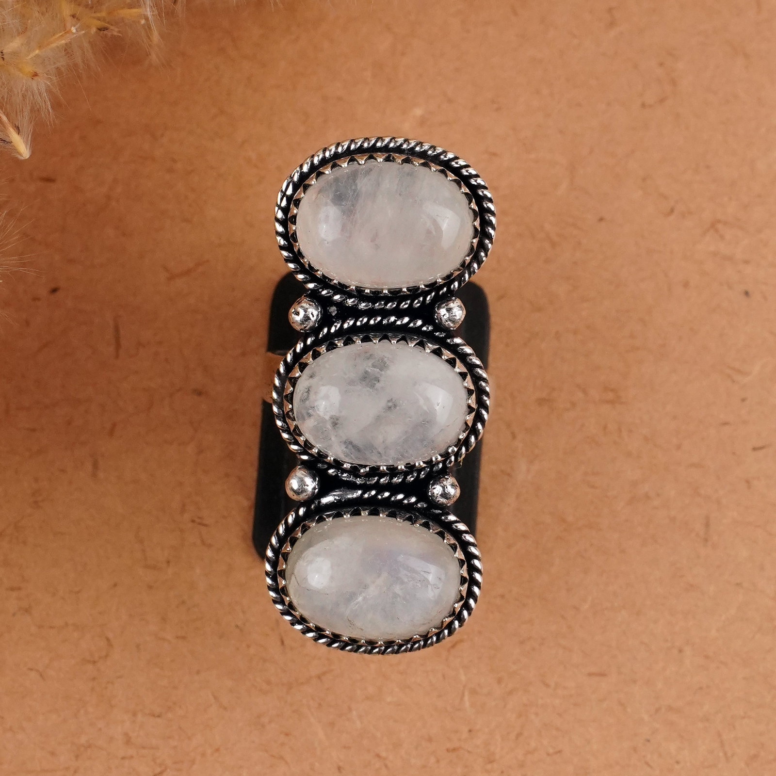 Natural Rainbow Moonstone Silver Plated Handmade Ring - 7MM: Product ID: 260409151319 Product - Handmade Silver Plated Ring Metal - 92.5 Sterling Silver Plated Ring Size - 7MM Gemstone - Rainbow Moonston Gemstone Origin - India Gemstone Size - 10X14 MM ( 3 Ston