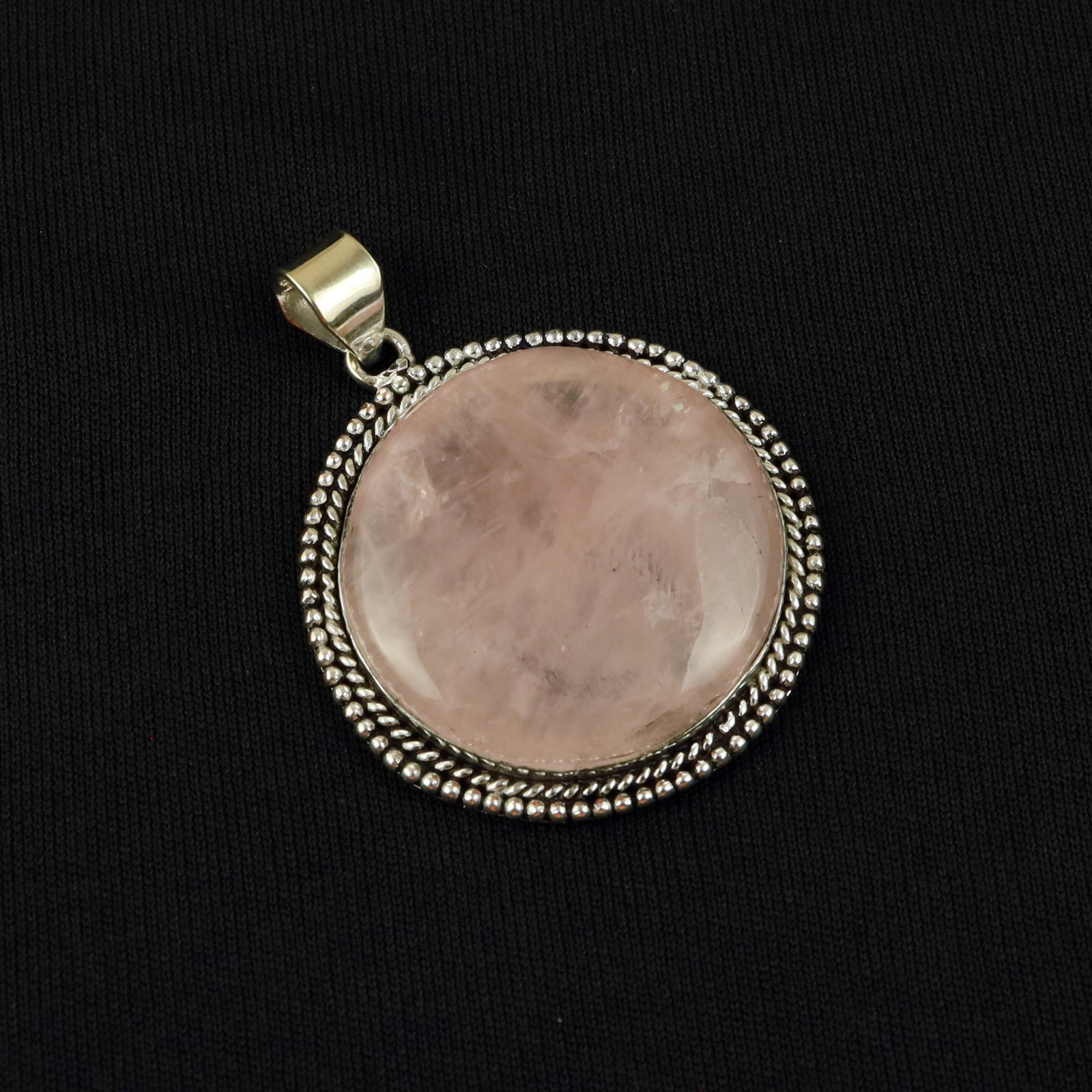 Natural A+ Rose Quartz Silver Plated Handmade Pendant: Product ID: 260517185322 Product - Handmade Silver Plated Pendant Metal - 92.5 Sterling Silver Plated Pendant Size - 4 CM Gemstone - Rose Quartz Gemstone Origin - Brazil Gemstone Shape - Round Pendant