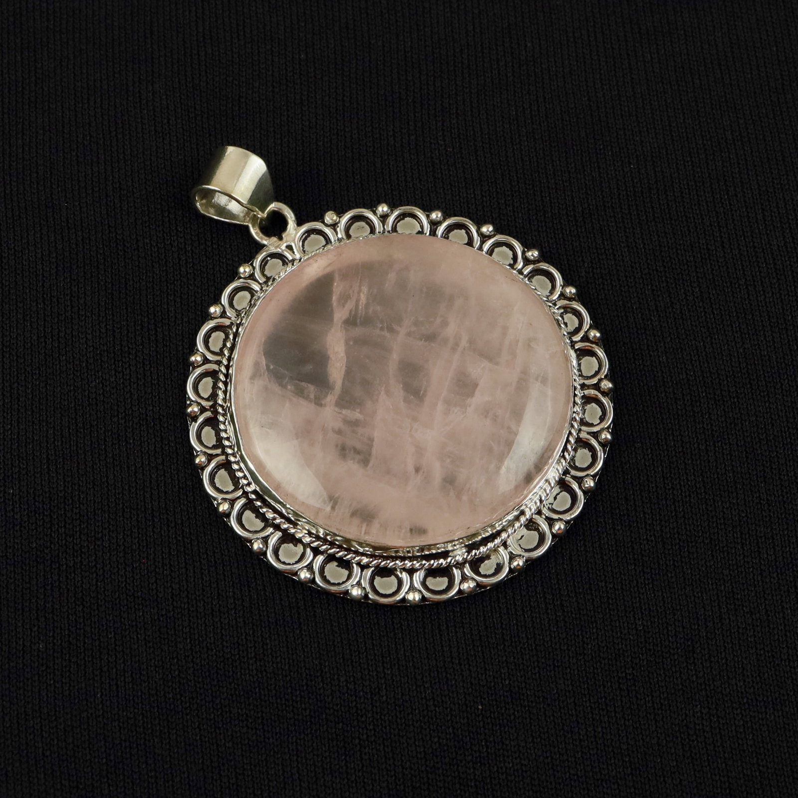 Natural Top Quality Rose Quartz Silver Plated Handmade Pendant: Product ID: 260517185208 Product - Handmade Silver Plated Pendant Metal - 92.5 Sterling Silver Plated Pendant Size - 4.5 CM Gemstone - Rose Quartz Gemstone Origin - Brazil Gemstone Shape - Round Penda