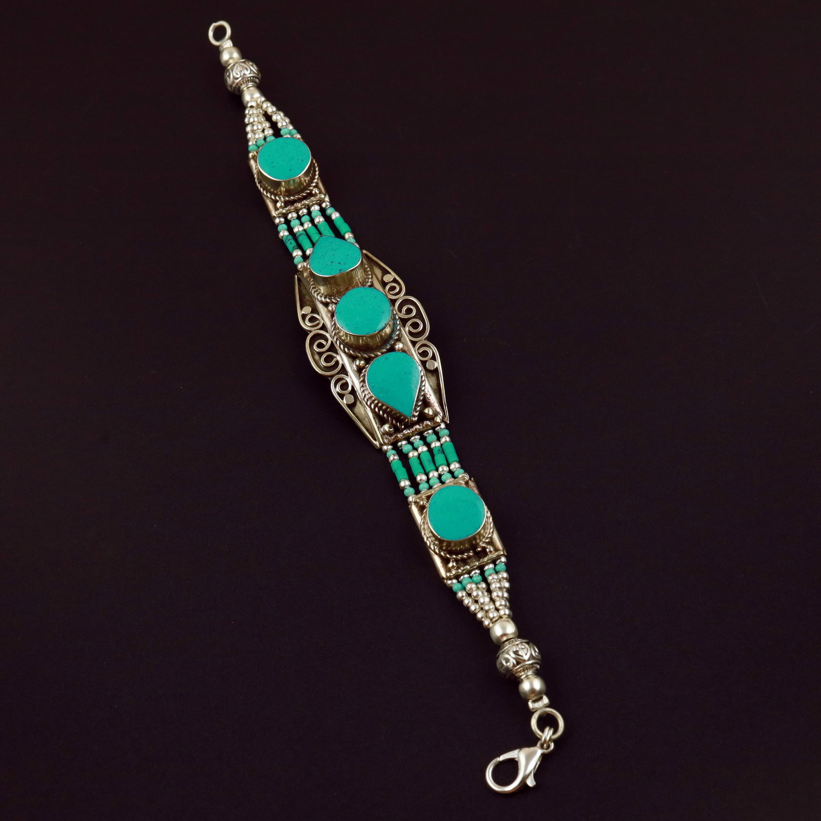 Tibetan Turquoise Handmade Ethnic Boho Bracelet: Product ID: 260513132353 Product - Tibetan Handmade Ethnic Bracelet Gemstone - Natural Turquoise Size - 7 Inch Weight - 50 Gram Approx Metal - Brass & Copper mix Metal Origin - Nepal Country/Region of