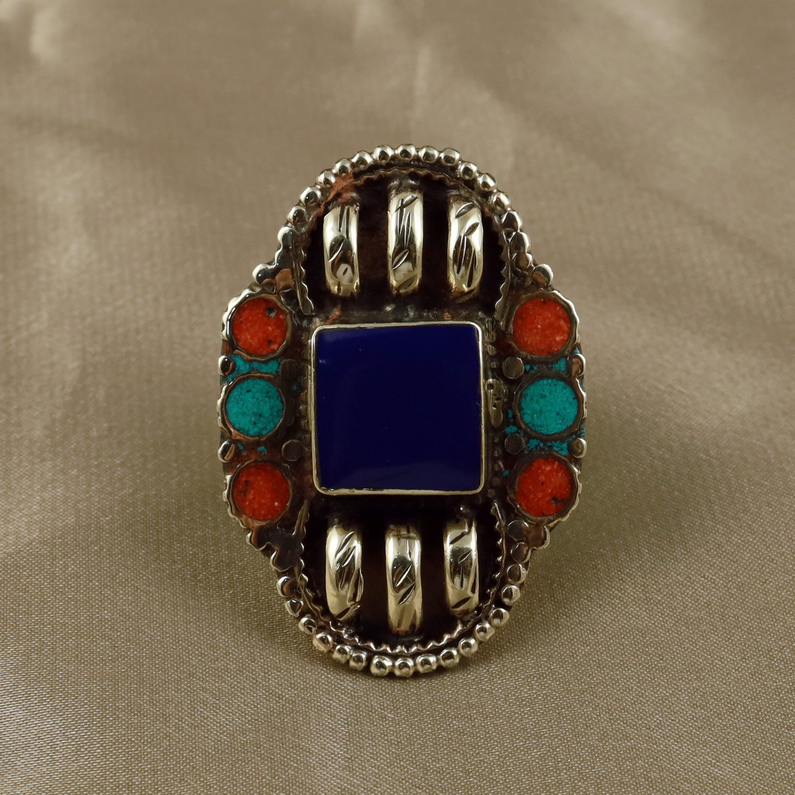 Tibetan Turquoise, Coral & Lapis Handmade Ring - Free Size: Product ID: 260512155013 Product - Tibetan Handmade Ethnic Ring Ring Size - Free Size Ring Weight - 17 Gram Gemstone - Natural Turquoise & Coral & Lapis Metal - Brass & Copper mix Metal Origin - Nepal
