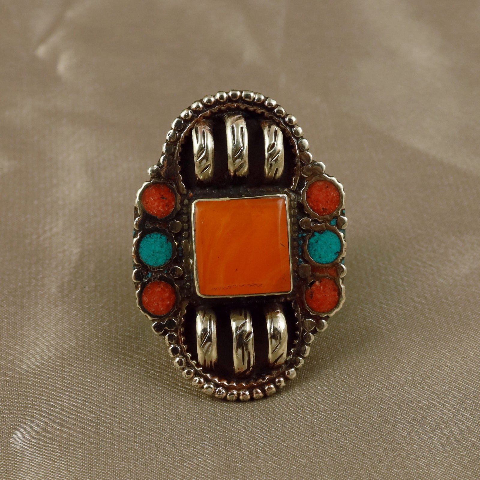 Tibetan Turquoise, Coral & Copal Handmade Ring - Free Size: Product ID: 260512154345 Product - Tibetan Handmade Ethnic Ring Ring Size - Free Size Ring Weight - 17 Gram Gemstone - Natural Turquoise & Coral & Copal Metal - Brass & Copper mix Metal Origin - Nepal