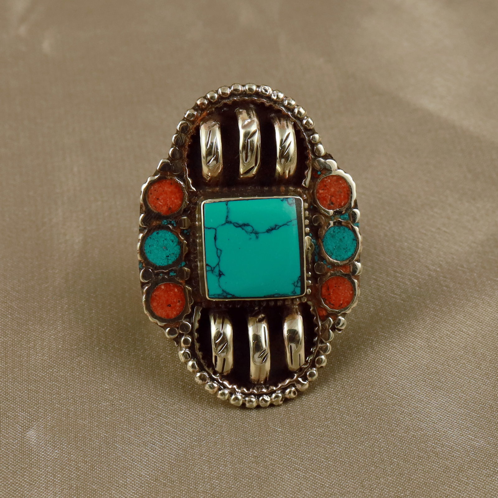 Tibetan Turquoise & Coral Handmade Boho Ring - Free Size: Product ID: 260512153740 Product - Tibetan Handmade Ethnic Ring Ring Size - Free Size Ring Weight - 17 Gram Gemstone - Natural Turquoise & Coral Metal - Brass & Copper mix Metal Origin - Nepal Country