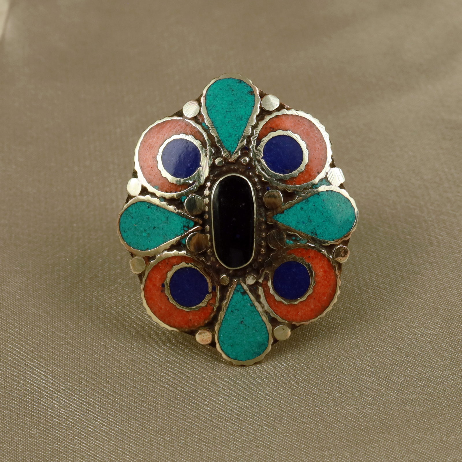 Tibetan Turquoise & Black Onyx Handmade Choker Ring - Free Size: Product ID: 260512153202 Product - Tibetan Handmade Ethnic Ring Ring Size - Free Size Ring Weight - 17 Gram Gemstone - Turquoise & Black Onyx & Coral & Lapis Origin - Nepal Country/Region of Manufactu