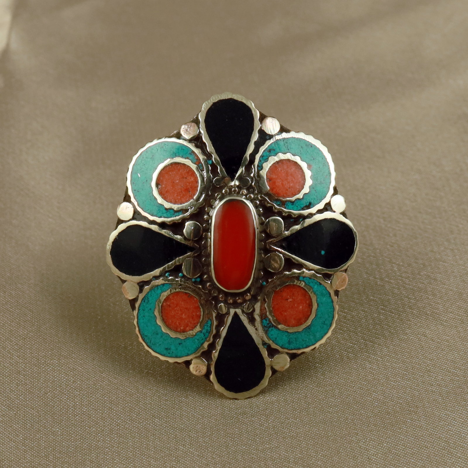 Tibetan Turquoise, Black Onyx & Coral Handmade Ring - Free Size: Product ID: 260512152921 Product - Tibetan Handmade Ethnic Ring Ring Size - Free Size Ring Weight - 17 Gram Gemstone - Turquoise & Black Onyx & Coral Metal - Brass & Copper mix Metal Origin - Nepal Co