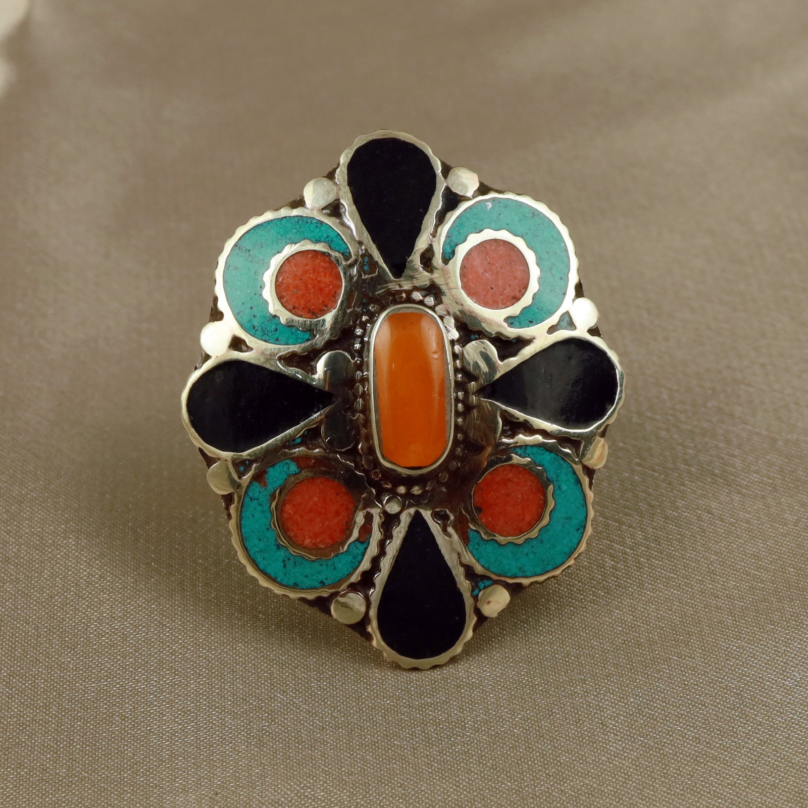 Tibetan Turquoise & Black Onyx Handmade Bold Ring - Free Size: Product ID: 260512152551 Product - Tibetan Handmade Ethnic Ring Ring Size - Free Size Ring Weight - 17 Gram Gemstone - Natural Turquoise & Black Onyx & Coral & Copal Metal - Brass & Copper mix Metal O