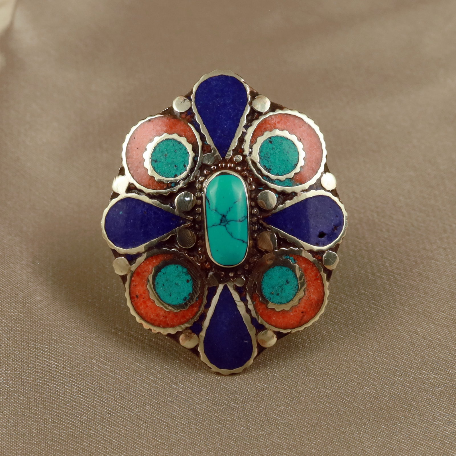 Tibetan Turquoise, Coral & Lapis Handmade Ring - Free Size: Product ID: 260512152400 Product - Tibetan Handmade Ethnic Ring Ring Size - Free Size Ring Weight - 17 Gram Gemstone - Natural Turquoise & Coral & Lapis Metal - Brass & Copper mix Metal Origin - Nepal