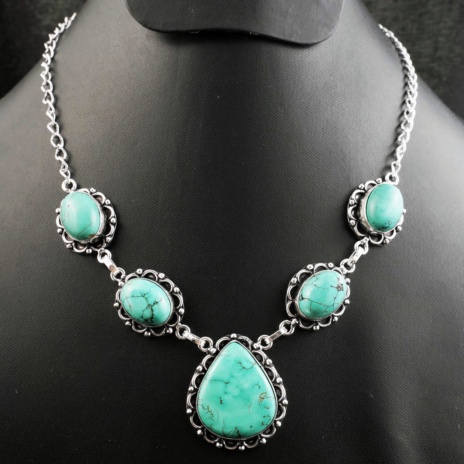 Natural Turquoise Silver Plated Handmade Choker Necklace: Product ID: 260430171458 Product - Handmade Silver Plated Necklace Metal - 92.5 Sterling Silver Plated Necklace Length - 18 Inch Gemstone - Turquoise Gemstone Size - 12X16 MM (4 Stone), 2.5X2 CM (1 St