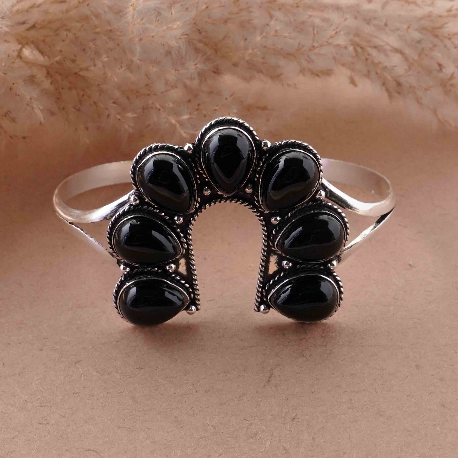 Natural Black Onyx Silver Plated Handmade Cuff Bangle (1 of 4)