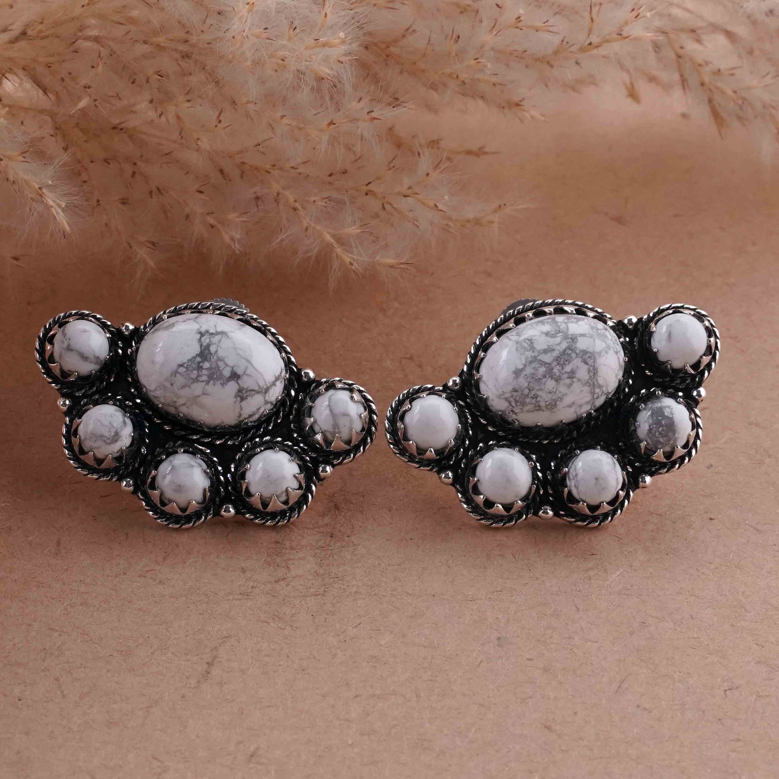 Natural Howlite Silver Plated Handmade Stud Earring: Product ID: 260418103501 Product - Handmade Silver Plated Stud Earring Metal - 92.5 Sterling Silver Plated Earring Type - Stud Gemstone - Howlite Gemstone Origin - Canada Gemstone Size - 10X14 MM ( 2 