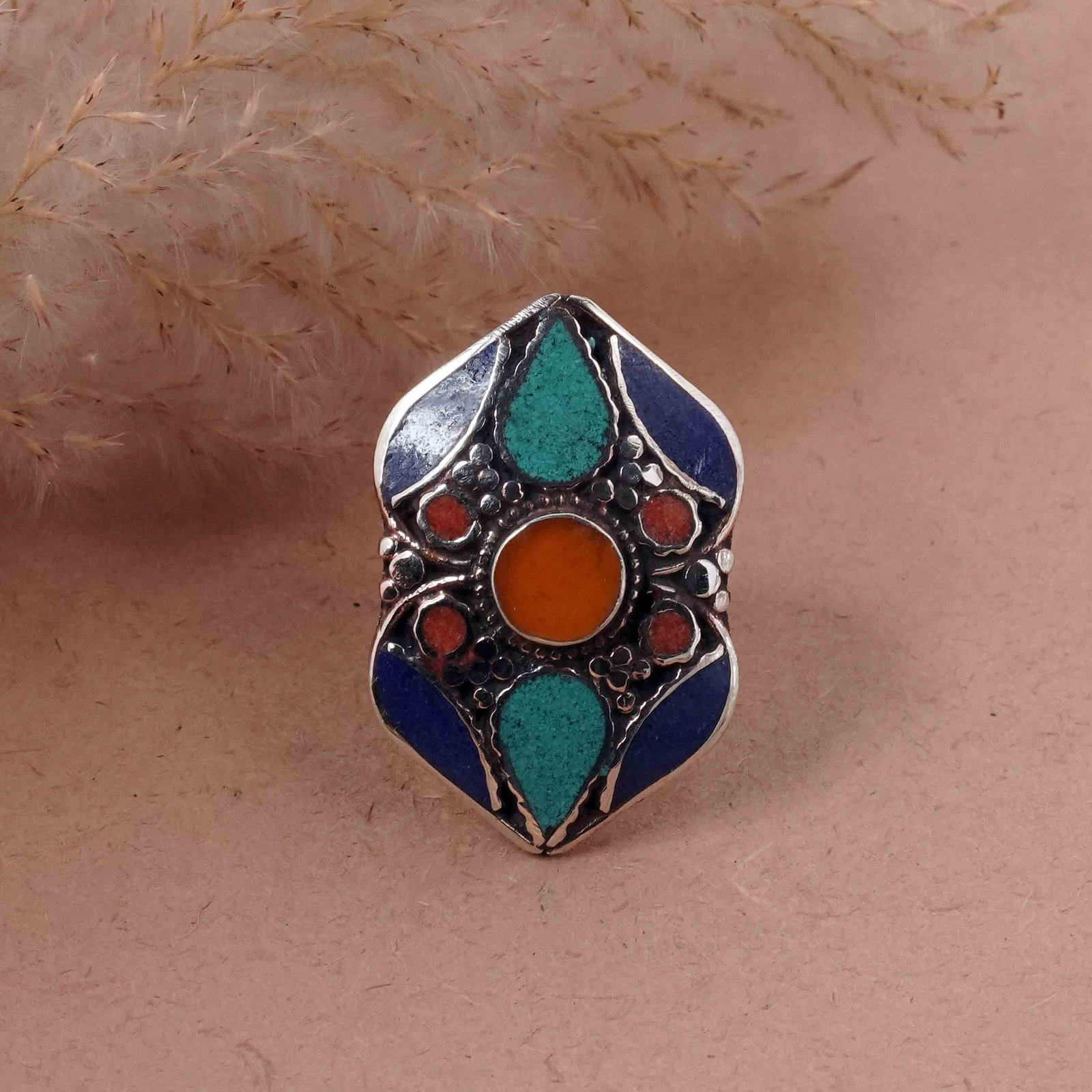 Tibetan Turquoise, Coral & Lapis Handmade Boho Ring - Free Size: Product ID: 260417121503 Product - Tibetan Handmade Ethnic Ring Ring Size - Free Size Ring Weight - 16 Gram Gemstone - Natural Turquoise & Coral & Copal & Lapis Metal - Brass & Copper mix Metal Origin