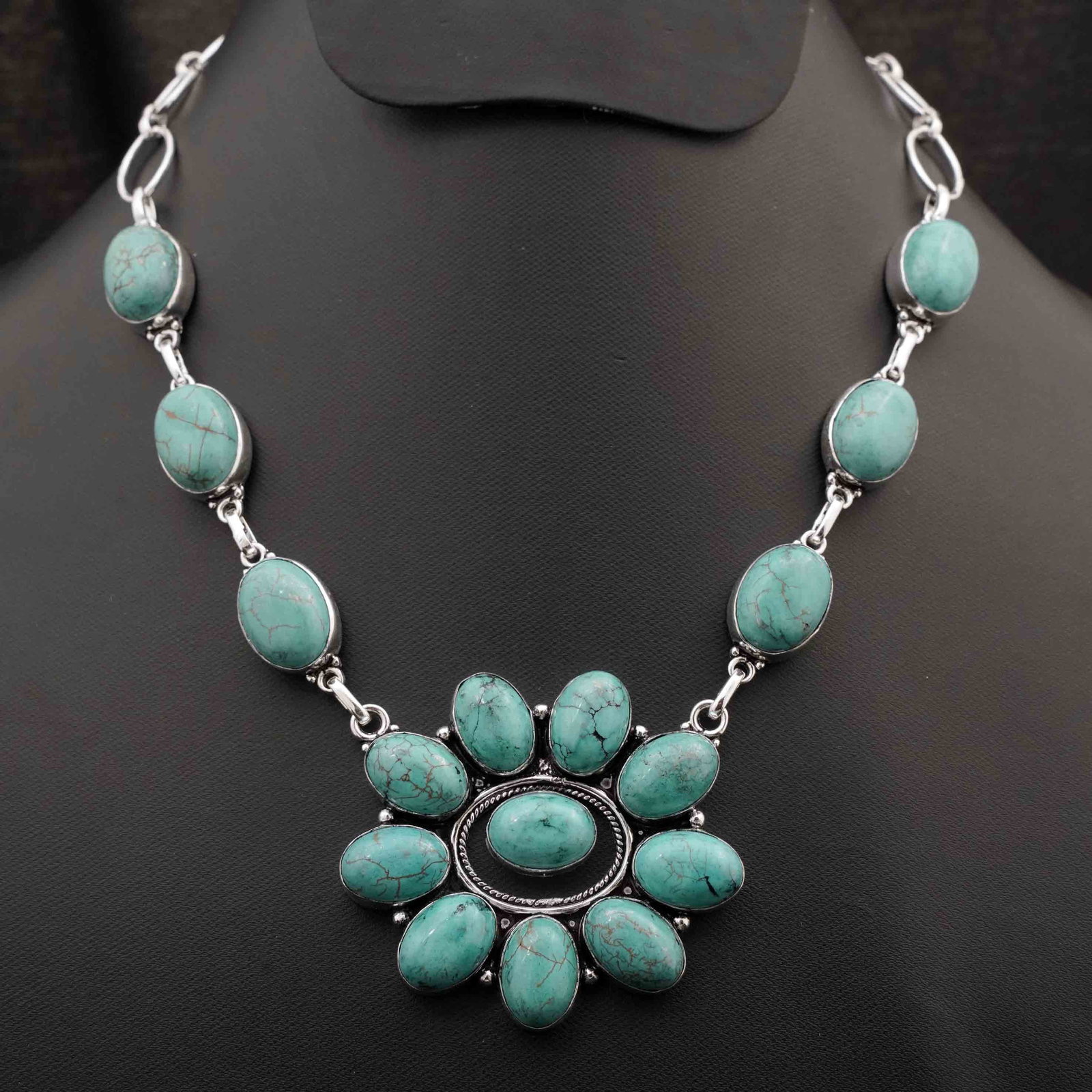 Natural Turquoise Silver Plated Handmade Choker Necklace: Product ID: 260416175104 Product - Handmade Silver Plated Necklace Metal - 92.5 Sterling Silver Plated Necklace Length - 18 Inch Gemstone - Turquoise Gemstone Size - 10X14 MM ( 10 Stone ), 12X16 MM ( 