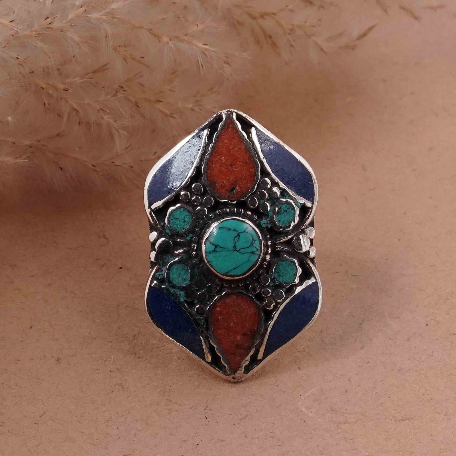 Tibetan Turquoise, Coral & Lapis Handmade Choker Ring - Free Size: Product ID: 260416143403 Product - Tibetan Handmade Ethnic Ring Ring Size - Free Size Ring Weight - 16 Gram Gemstone - Natural Turquoise & Coral & Lapis Metal - Brass & Copper mix Metal Origin - Nepal