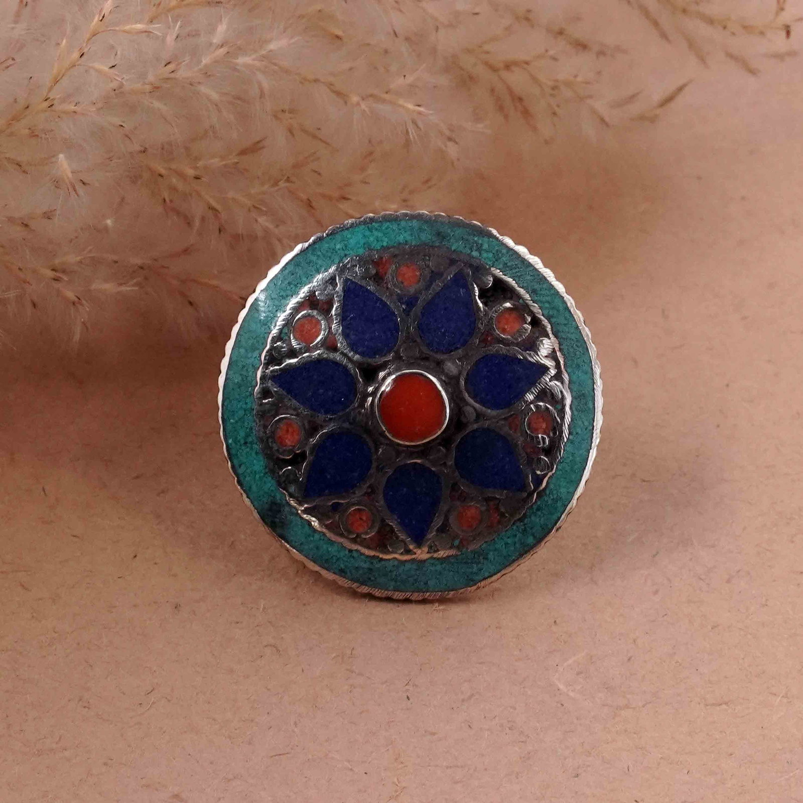 Tibetan Turquoise, Coral & Lapis Handmade Round Ring - Free Size: Product ID: 260416143312 Product - Tibetan Handmade Ethnic Ring Ring Size - Free Size Ring Weight - 19 Gram Gemstone - Natural Turquoise & Coral & Lapis Metal - Brass & Copper mix Metal Origin - Nepal