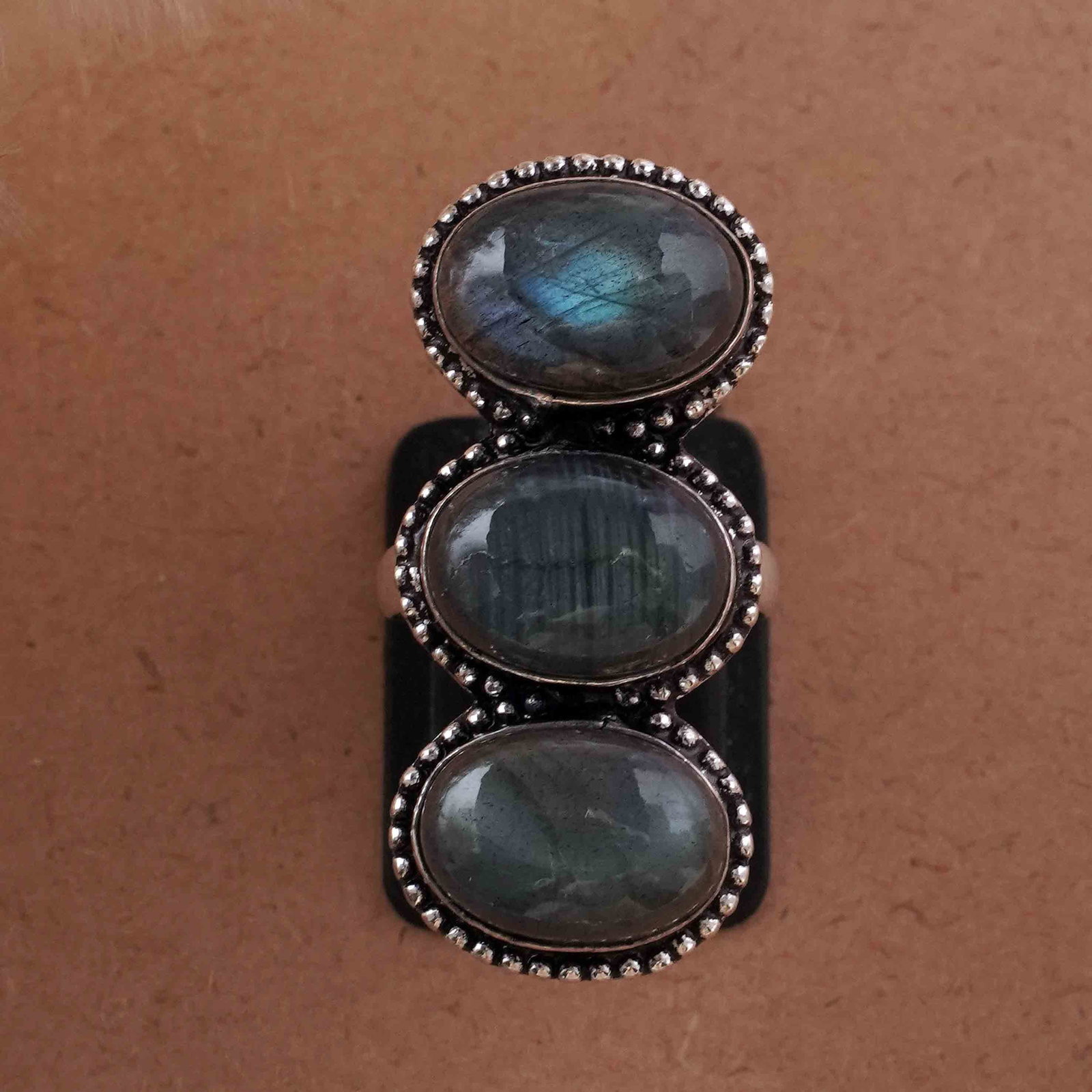 Natural Labradorite Silver Plated Handmade Ring - 6.5MM: Product ID: 260429195423 Product - Handmade Silver Plated Ring Metal - 92.5 Sterling Silver Plated Ring Size - 6.5MM Gemstone - Labradorite Gemstone Origin - Canada Gemstone Size - 10X14 MM ( 3 Stone 
