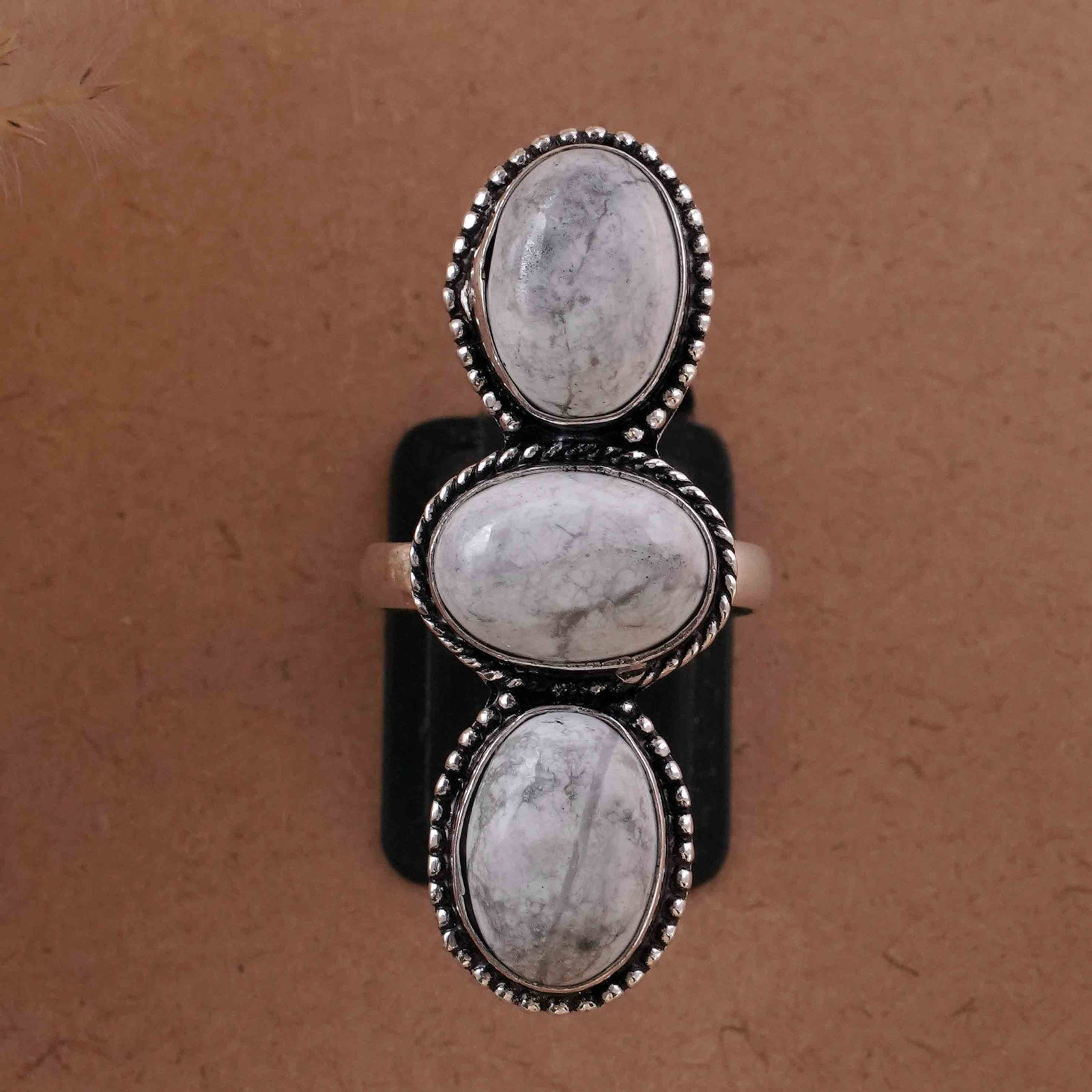 Natural Howlite Silver Plated Handmade Ring - 9.5MM: Product ID: 260429195307 Product - Handmade Silver Plated Ring Metal - 92.5 Sterling Silver Plated Ring Size - 9.5MM Gemstone - Howlite Gemstone Origin - Canada Gemstone Size - 10X14 MM ( 3 Stone ) Ge