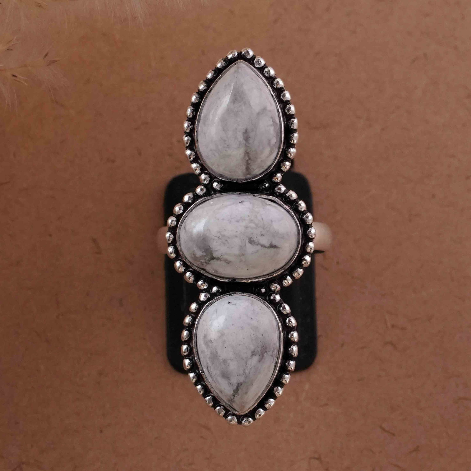 Natural Howlite Silver Plated Handmade Ring - 6MM: Product ID: 260429194950 Product - Handmade Silver Plated Ring Metal - 92.5 Sterling Silver Plated Ring Size - 6MM Gemstone - Howlite Gemstone Origin - Canada Gemstone Size - 10X14 MM ( 3 Stone ) Gems