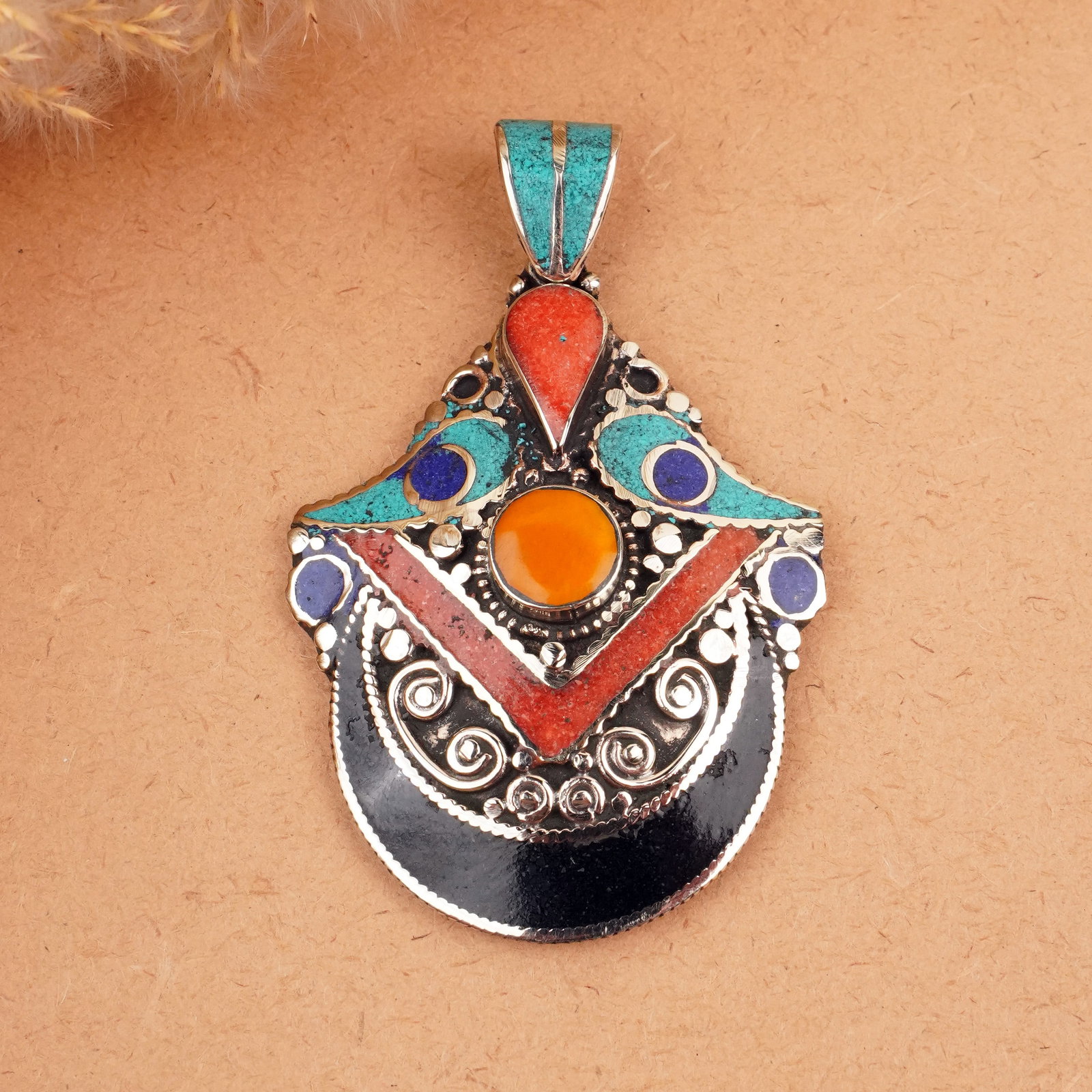 Tibetan Turquoise, Coral & Black Onyx Handmade Boho Pendant: Product ID: 260407150406 Product - Tibetan Handmade Ethnic Pendant Gemstone - Natural Turquoise & Coral & Black Onyx & Copal & Lapis Pendant Size - 6.5X4.5 CM Pendant Weight - 25 Gram Metal - Brass & 