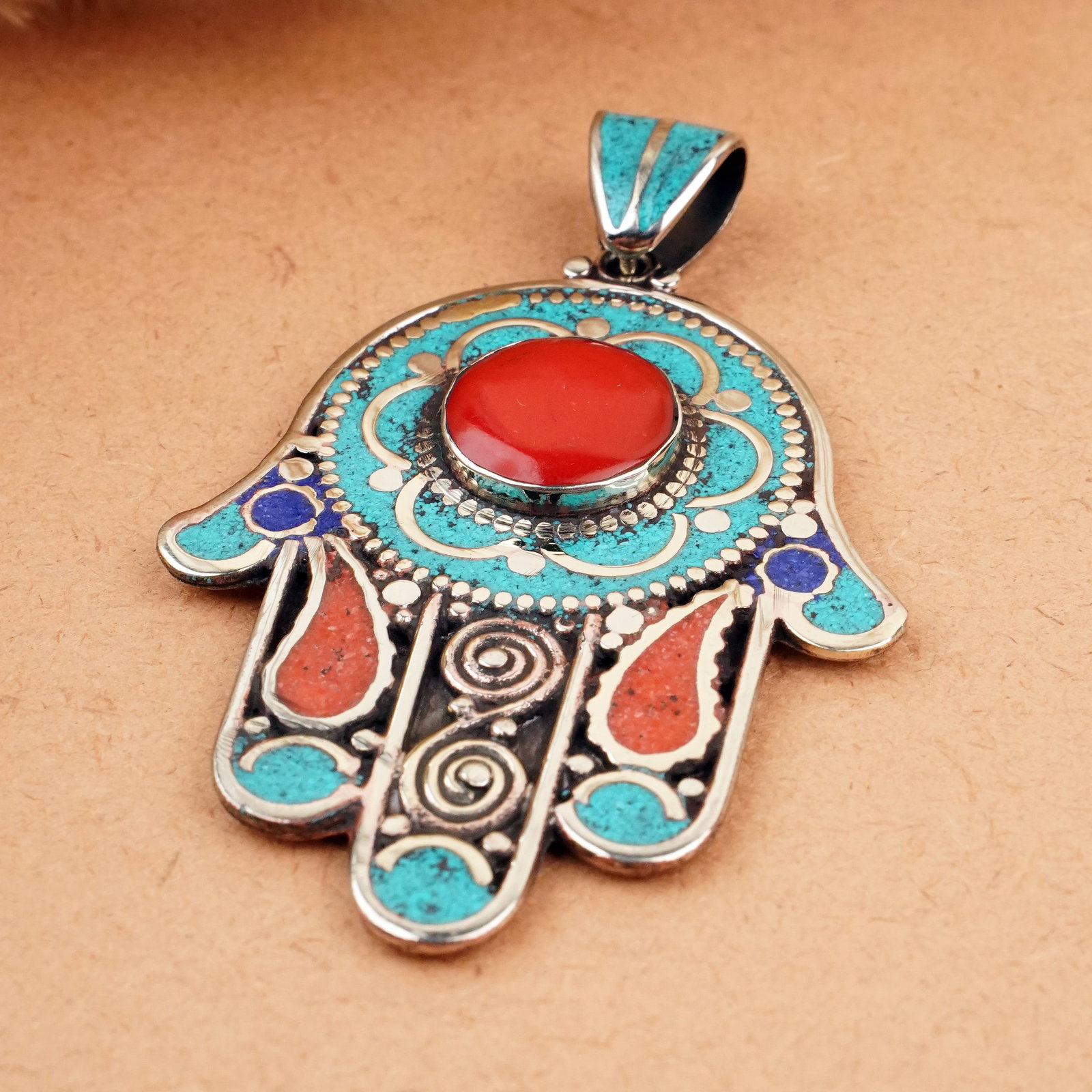Tibetan Turquoise & Coral & Lapis Handmade Fatima Hand Pendant (1 of 3)