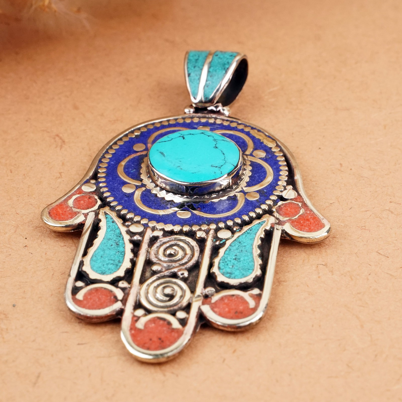 Tibetan Turquoise, Coral & Lapis Handmade Fatima Hand Pendant (1 of 3)