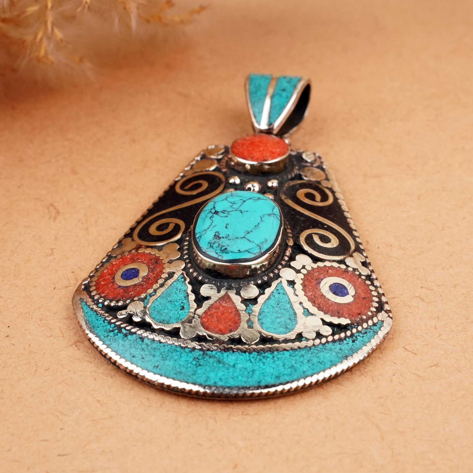 Tibetan Turquoise & Coral & Black Onyx Handmade Pendant (1 of 3)