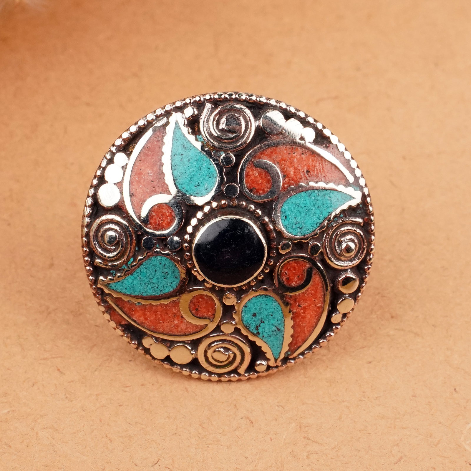 Tibetan Turquoise & Black Onyx & Coral Handmade Ring - Free Size: Product ID: 260406161319 Product - Tibetan Handmade Ethnic Ring Ring Size - Free Size Ring Weight - 19 Gram Gemstone - Natural Turquoise & Black Onyx & Coral & Lapis Metal - Brass & Copper mix Metal O