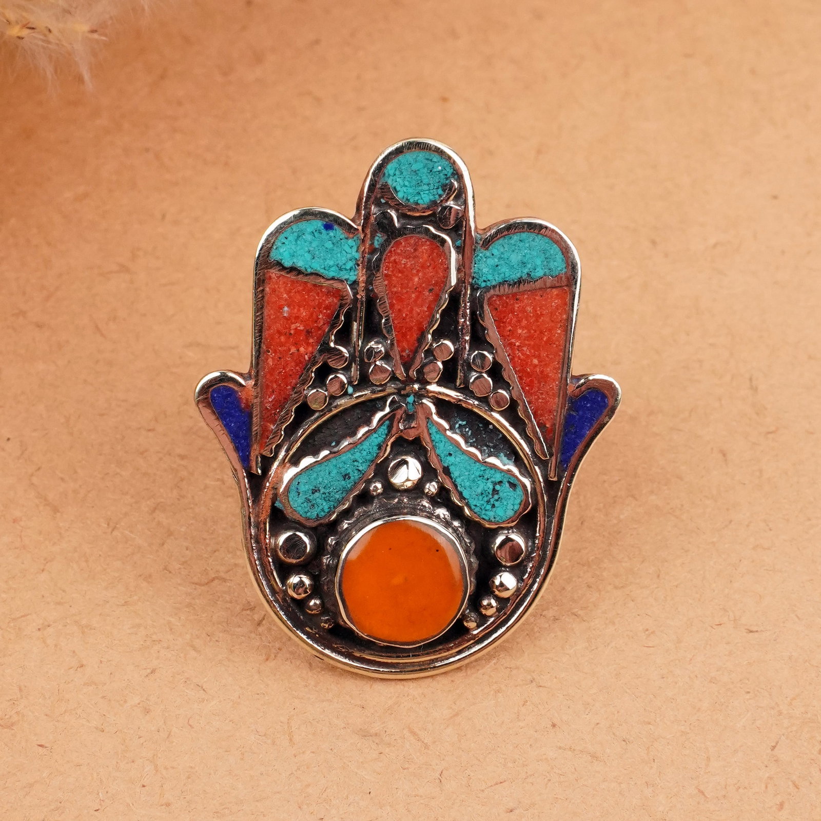 Tibetan Turquoise & Coral Handmade Fatima Hand Ring - Free Size: Product ID: 260406161453 Product - Tibetan Handmade Ethnic Ring Ring Size - Free Size Ring Weight - 16 Gram Gemstone - Natural Turquoise & Coral & Copal & Lapis Metal - Brass & Copper mix Metal Origin