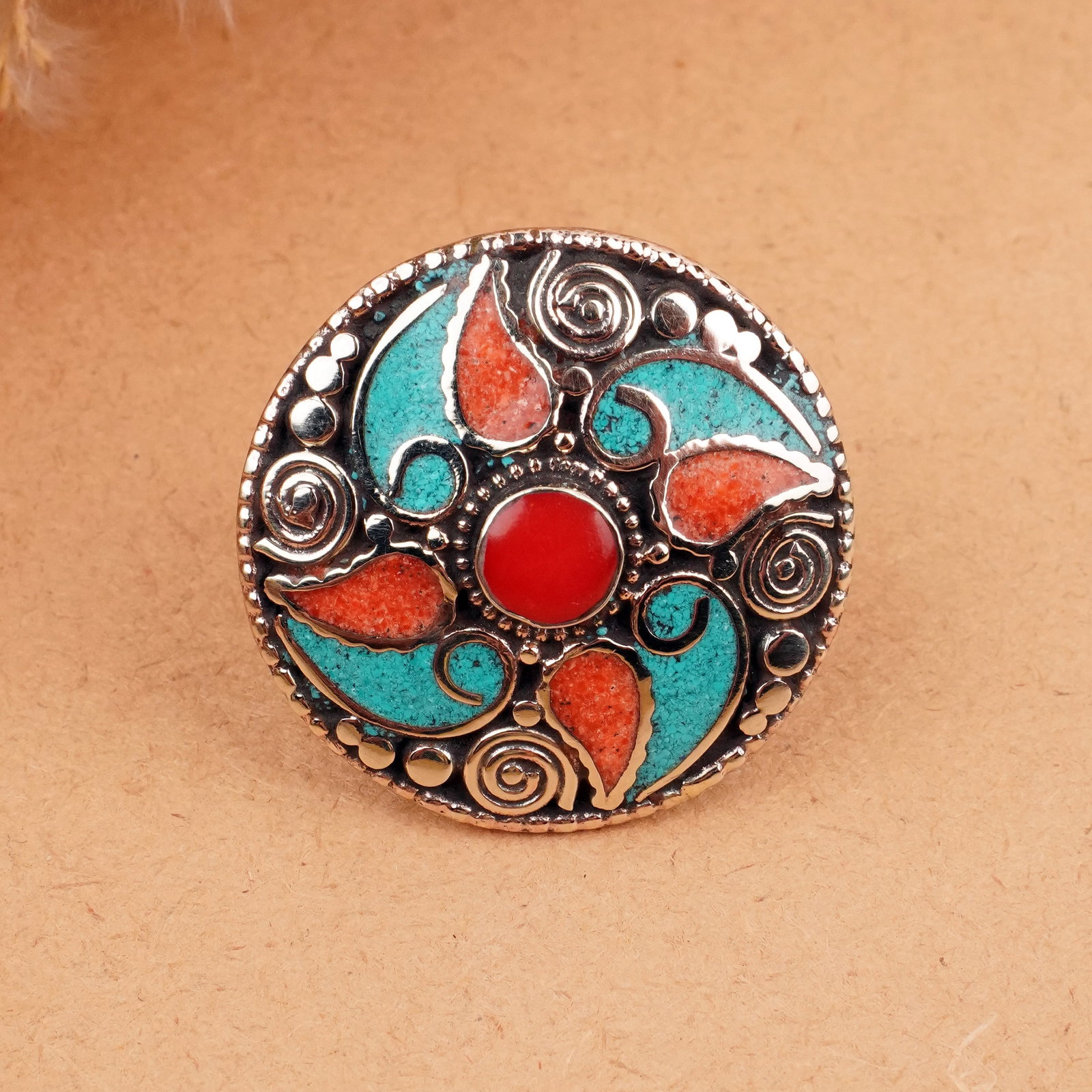 Tibetan Turquoise & Coral Handmade Boho Ring - Free Size: Product ID: 260406162132 Product - Tibetan Handmade Ethnic Ring Ring Size - Free Size Ring Weight - 19 Gram Gemstone - Natural Turquoise & Coral & Lapis Metal - Brass & Copper mix Metal Origin - Nepal