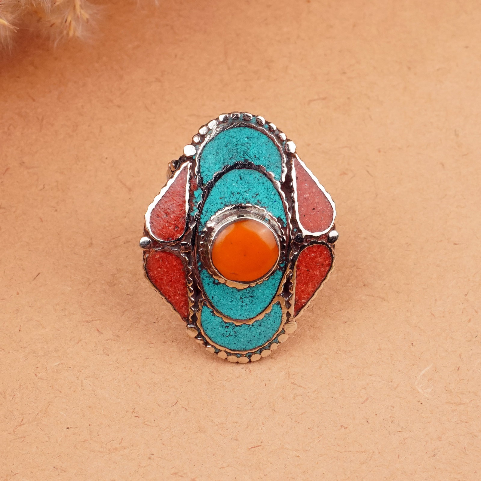 Tibetan Turquoise & Coral Handmade Boho Ring - Free Size: Product ID: 260406162610 Product - Tibetan Handmade Ethnic Ring Ring Size - Free Size Ring Weight - 17 Gram Gemstone - Natural Turquoise & Coral & Copal & Lapis Metal - Brass & Copper mix Metal Origin