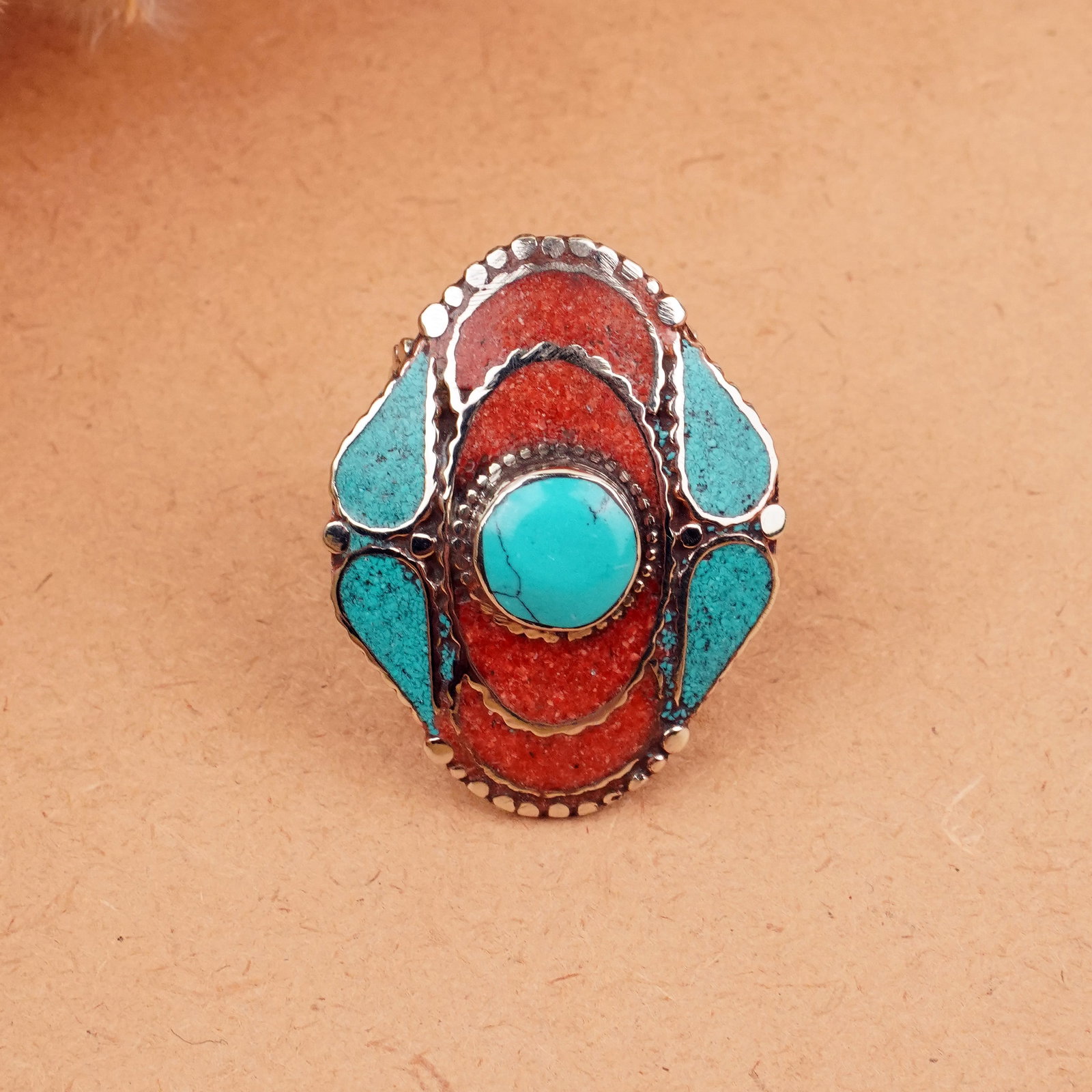 Tibetan Turquoise & Coral Handmade Boho Ring - Free Size: Product ID: 260406162425 Product - Tibetan Handmade Ethnic Ring Ring Size - Free Size Ring Weight - 17 Gram Gemstone - Natural Turquoise & Coral & Lapis Metal - Brass & Copper mix Metal Origin - Nepal