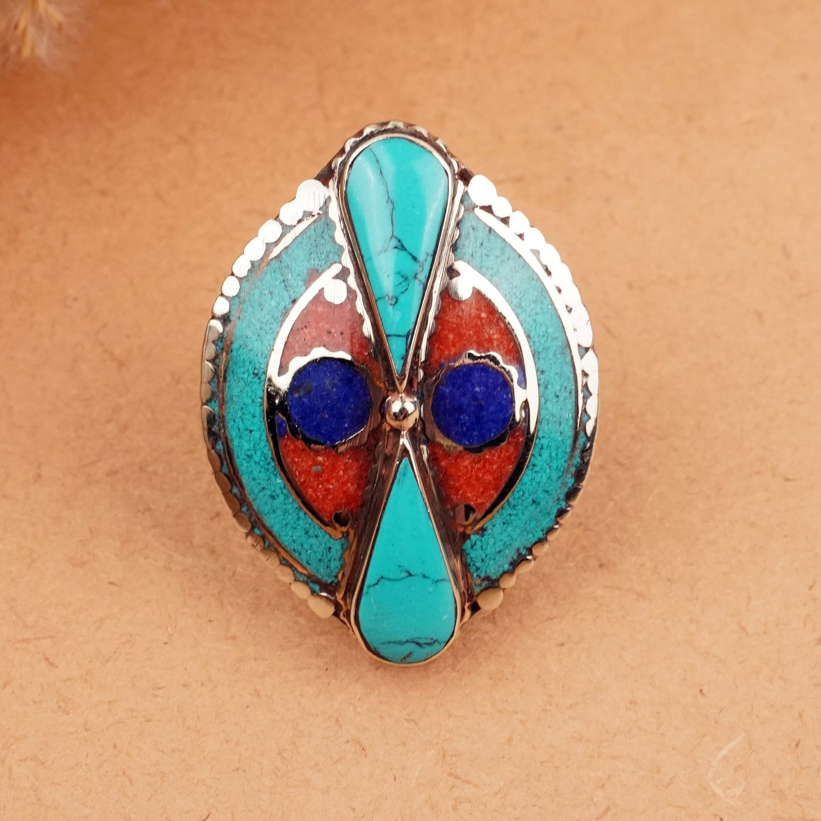 Tibetan Turquoise, Coral & Lapis Handmade Bold Ring - Free Size: Product ID: 260406162302 Product - Tibetan Handmade Ethnic Ring Ring Size - Free Size Ring Weight - 19 Gram Gemstone - Natural Turquoise & Coral & Lapis Metal - Brass & Copper mix Metal Origin - Nepal