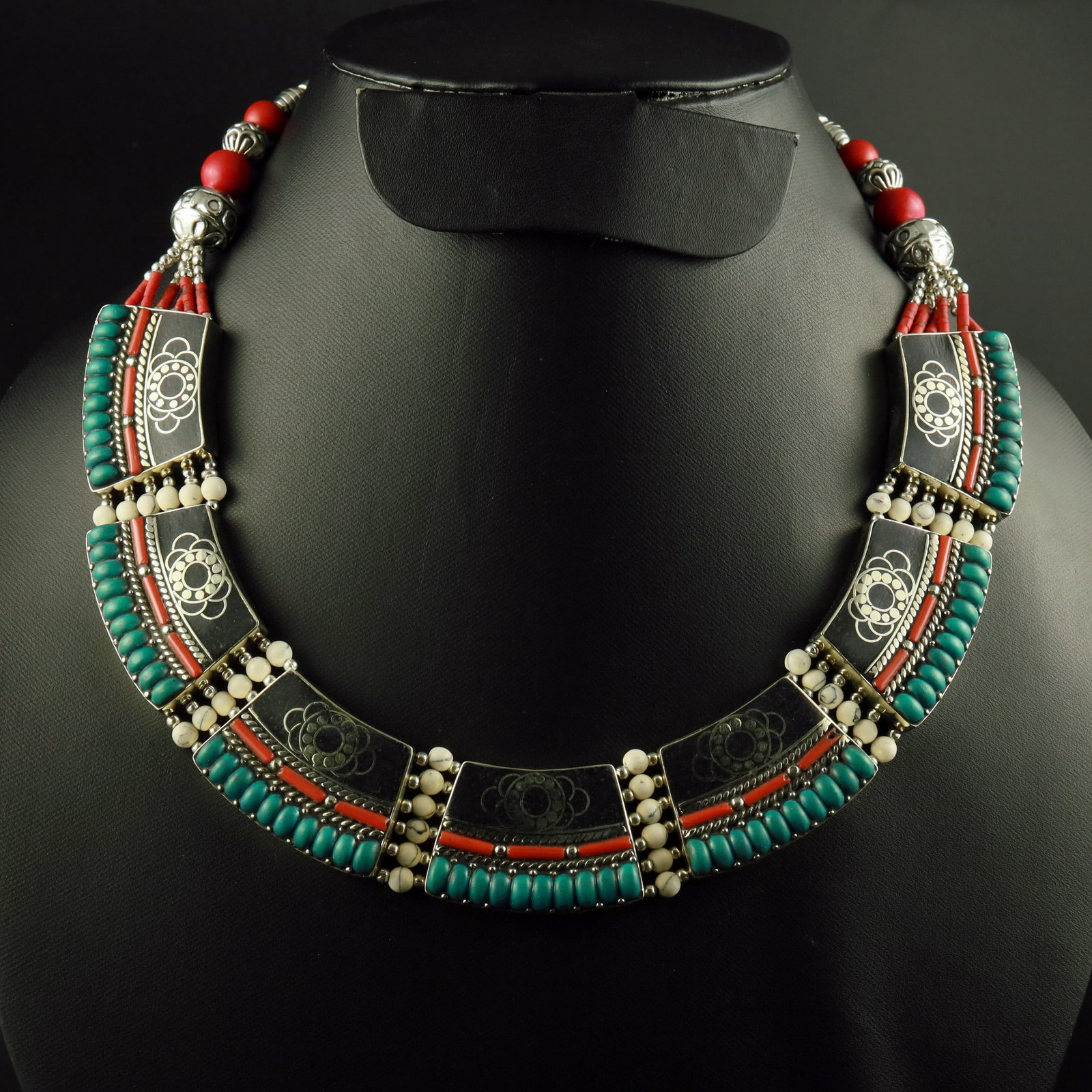 Tibetan Turquoise & Black Onyx Handmade Ethnic Necklace (1 of 3)