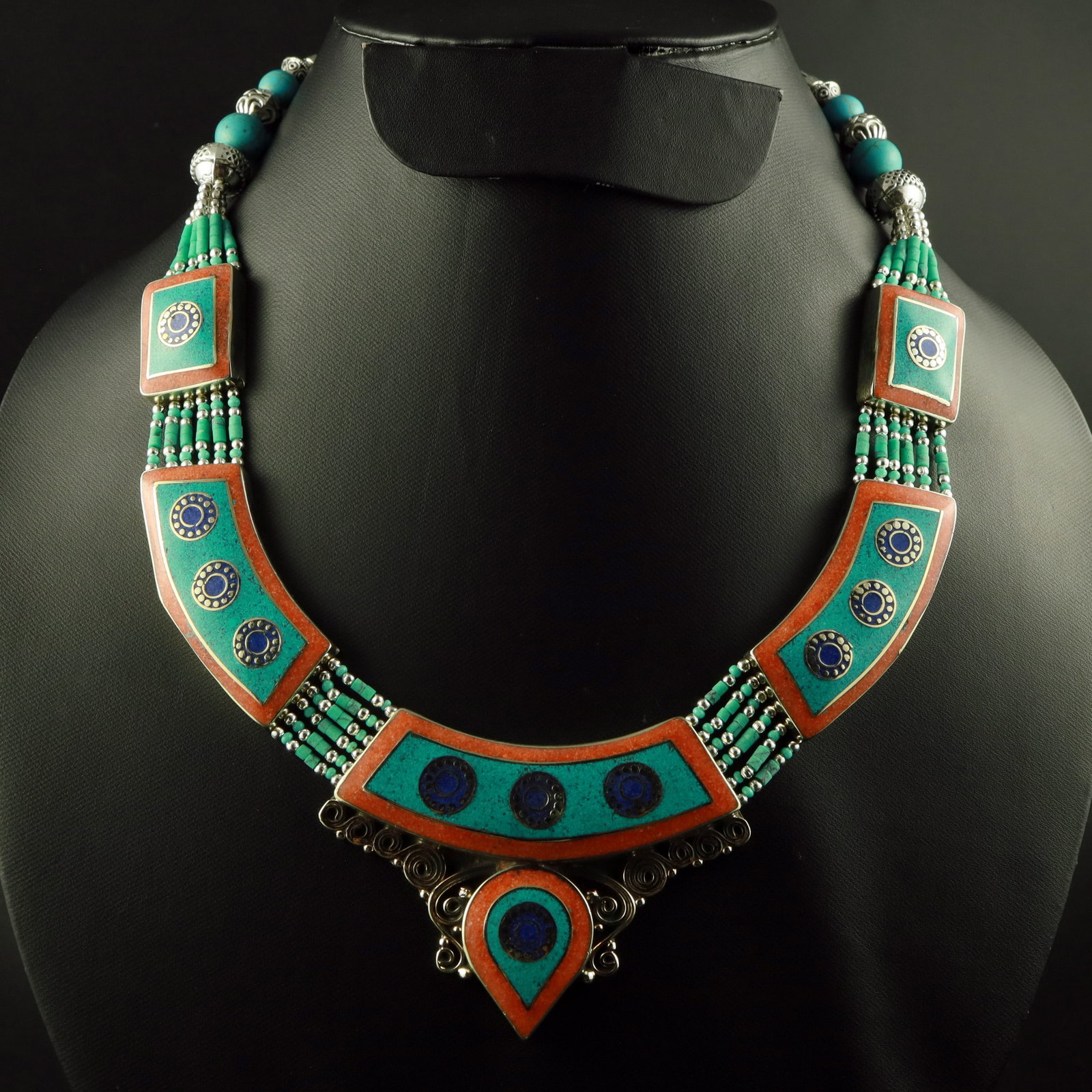Tibetan Turquoise, Coral & Lapis Lazuli Handmade Necklace: Product ID: 260518172654 Product - Tibetan Handmade Necklace Gemstone - Natural Turquoise & Coral & Lapis Lazuli Necklace Length - 18 Inch Necklace Weight - 115 Gram Approx Metal - Brass & Copper mix 