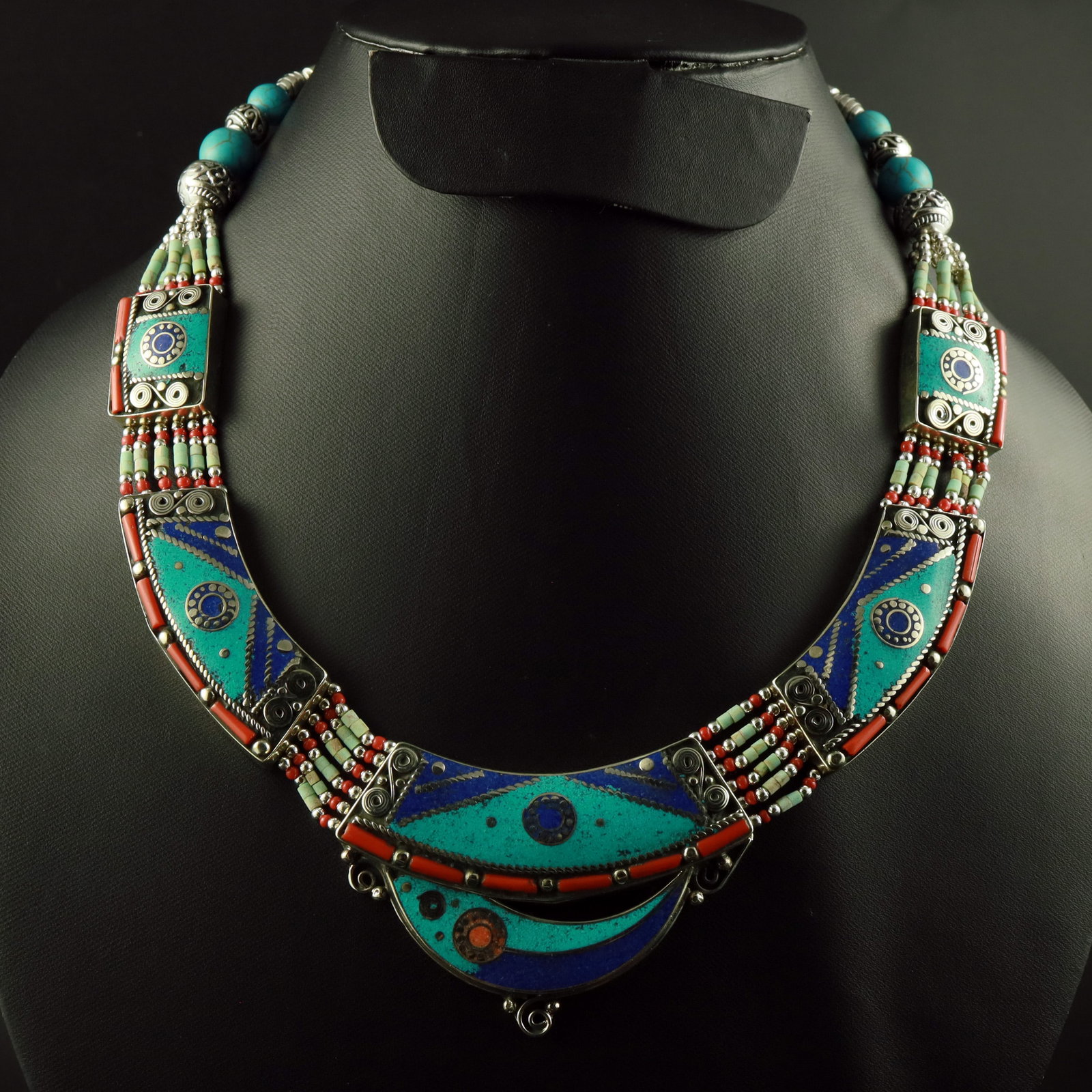 Tibetan Turquoise, Coral & Lapis Lazuli Handmade Bold Necklace (1 of 3)