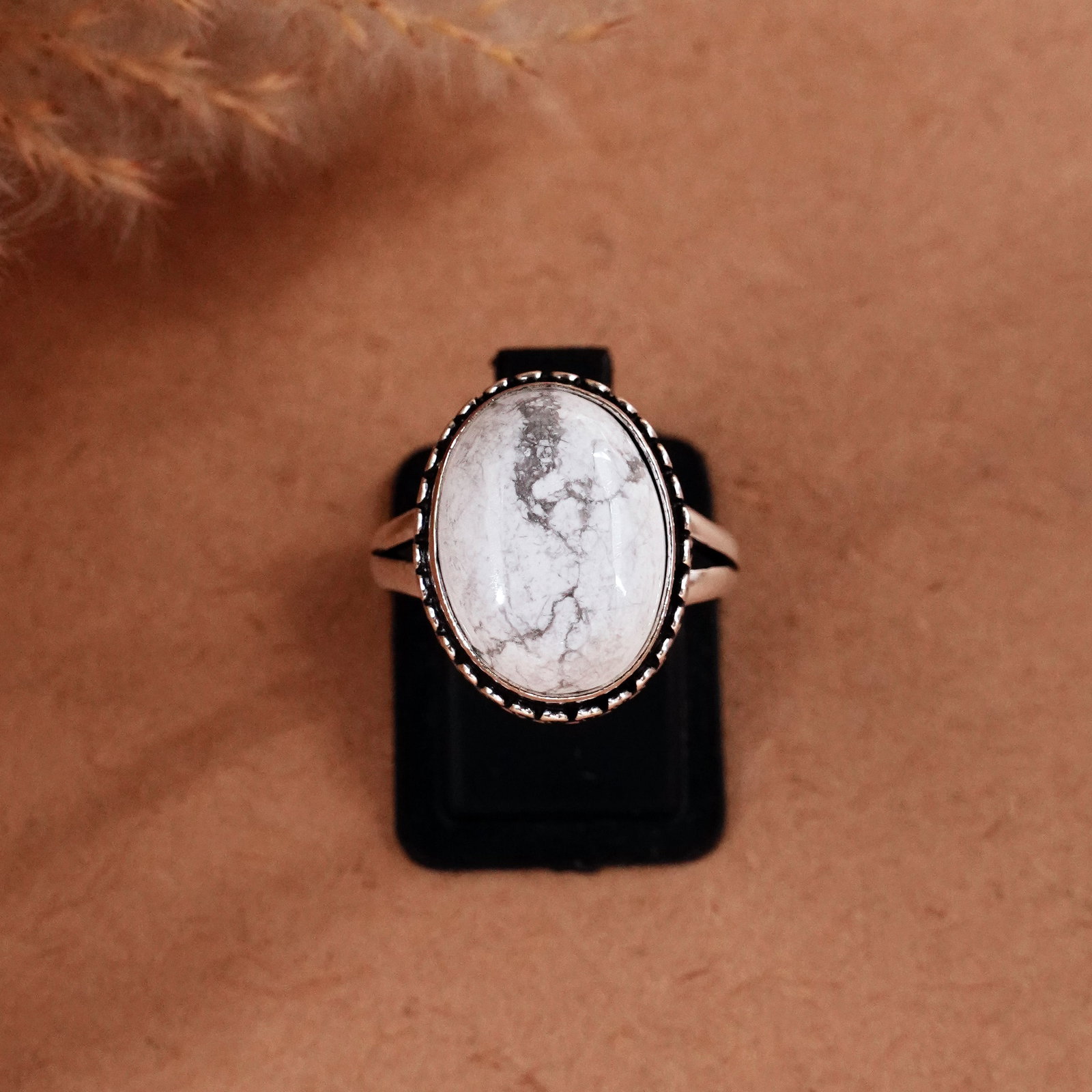 Natural Howlite Silver Plated Handmade Ring - 8MM: Product ID: 260510123803 Product - Handmade Silver Plated Ring Metal - 92.5 Sterling Silver Plated Ring Size - 8MM Gemstone - Howlite Gemstone Origin - Canada Gemstone Size - 12X16 MM Gemstone Shape -